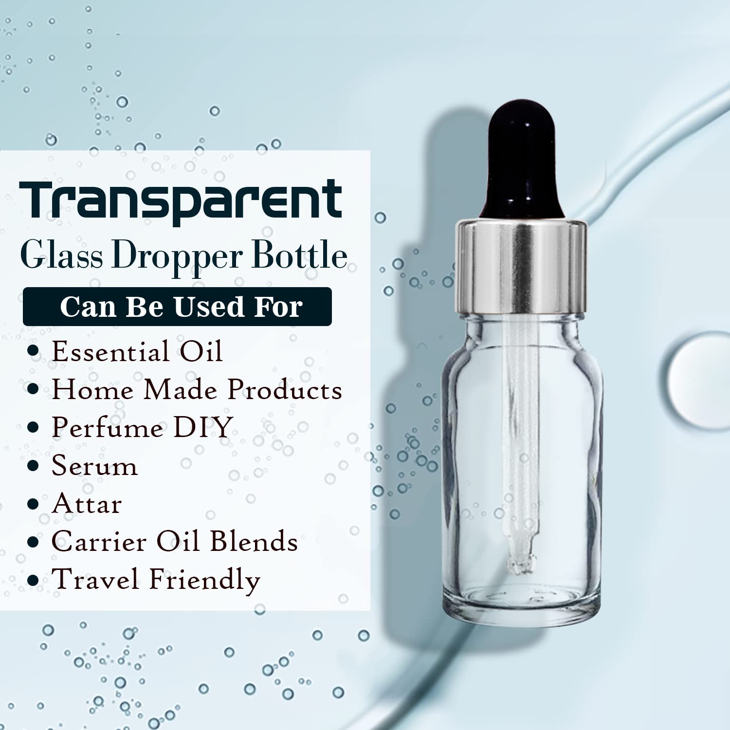 NSB Herbals 10ml Clear Round Empty Glass Bottle with Glass Dropper, Silver Ring & Black Silicone Teat - Refillable for Essential Oils, Perfumes, Aromatherapy (Pack of 3) - Perfect for DIY Blends, Travel Size & Home Fragrance