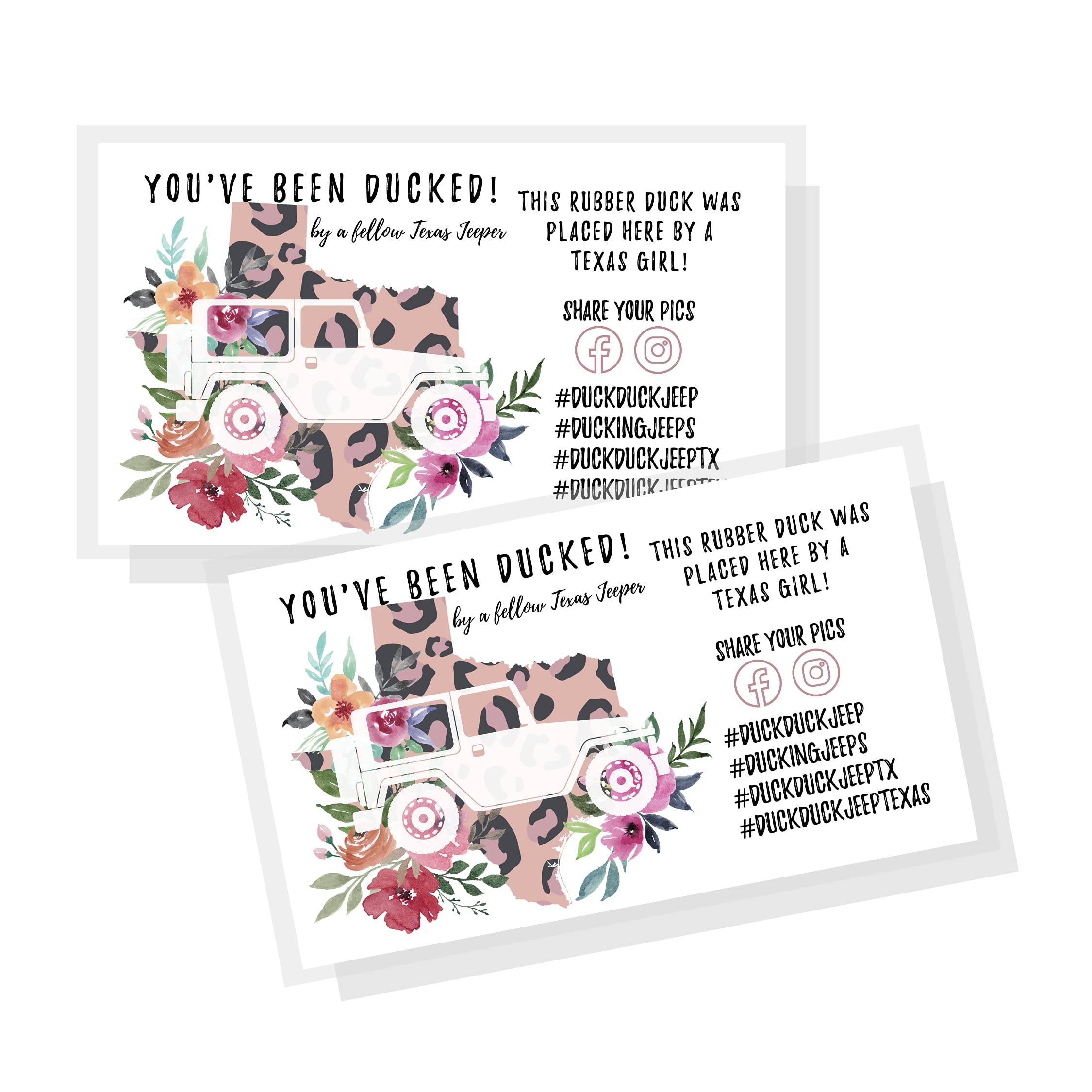 Duck Duck Texas Tags - 50 Pack | 3.5 x 2 Inch SUV Card Tags | Leopard & Floral Designs | Fun Texas-Themed Car Accessories for Prank Gifts, Surprise Friends, or Road Trip Adventures