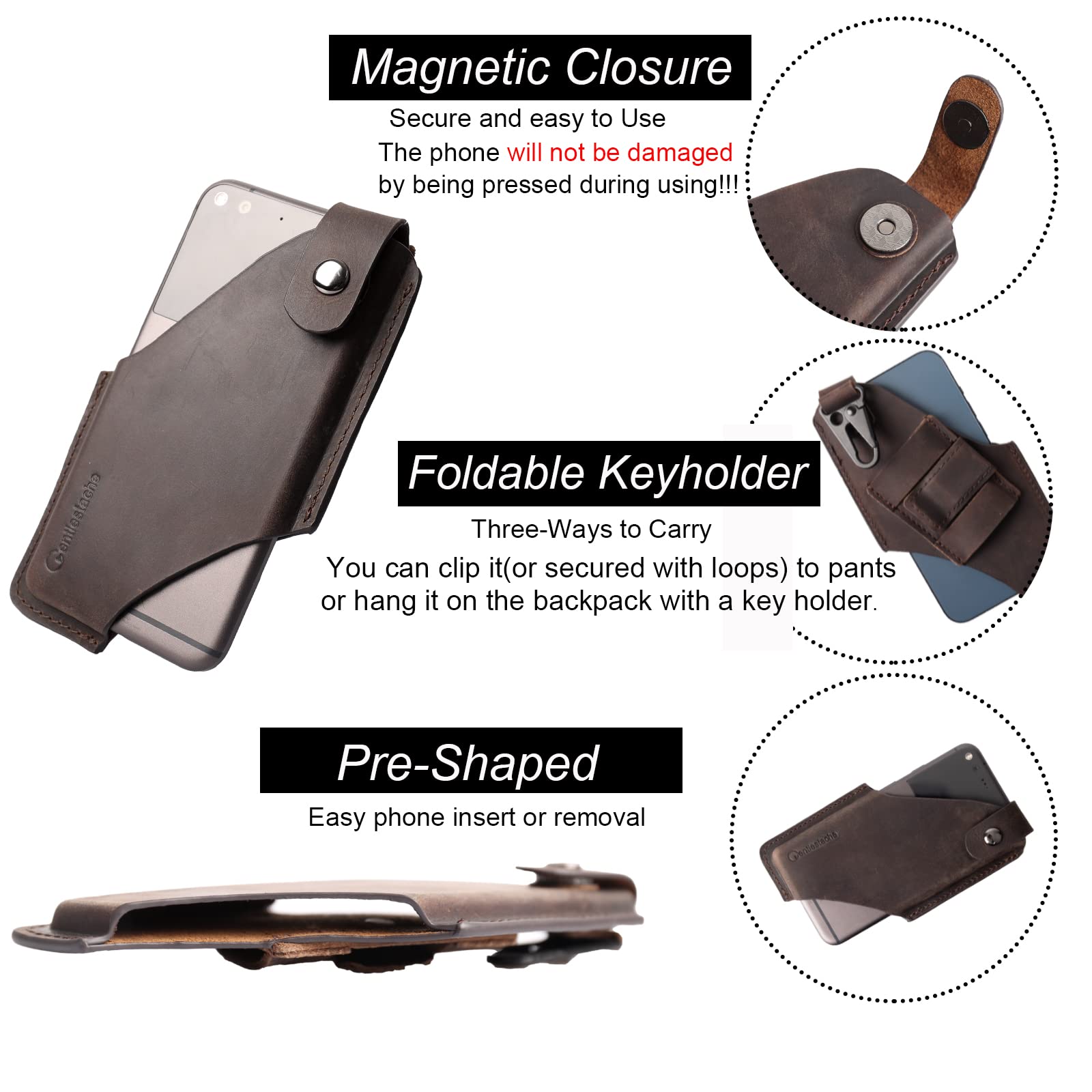 Gentlestache Leather Cell Phone Holster with Belt Clip - Premium Leather Phone Pouch for iPhone, Samsung & Motorola - Belt Loop Case for Men & Women - Medium Size Dark Brown - Perfect for Outdoor, Work & Travel