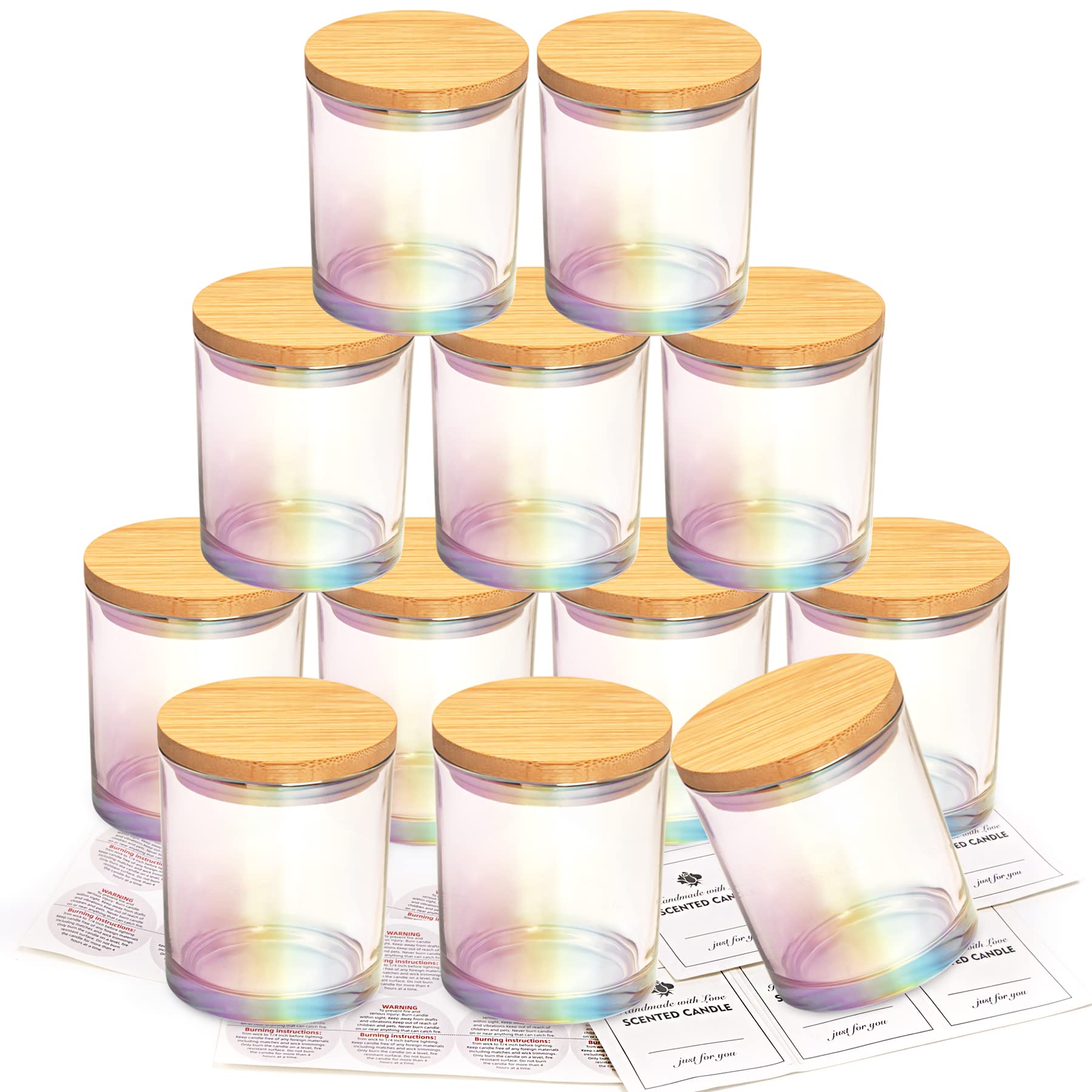 CONNOO 12 Pack 10oz Iridescent Glass Candle Jars with Airtight Bamboo Lids - Empty Candle Containers for DIY Candle Making, Dishwasher Safe - Perfect for Home Decor, Wedding Favors & Gift Packaging