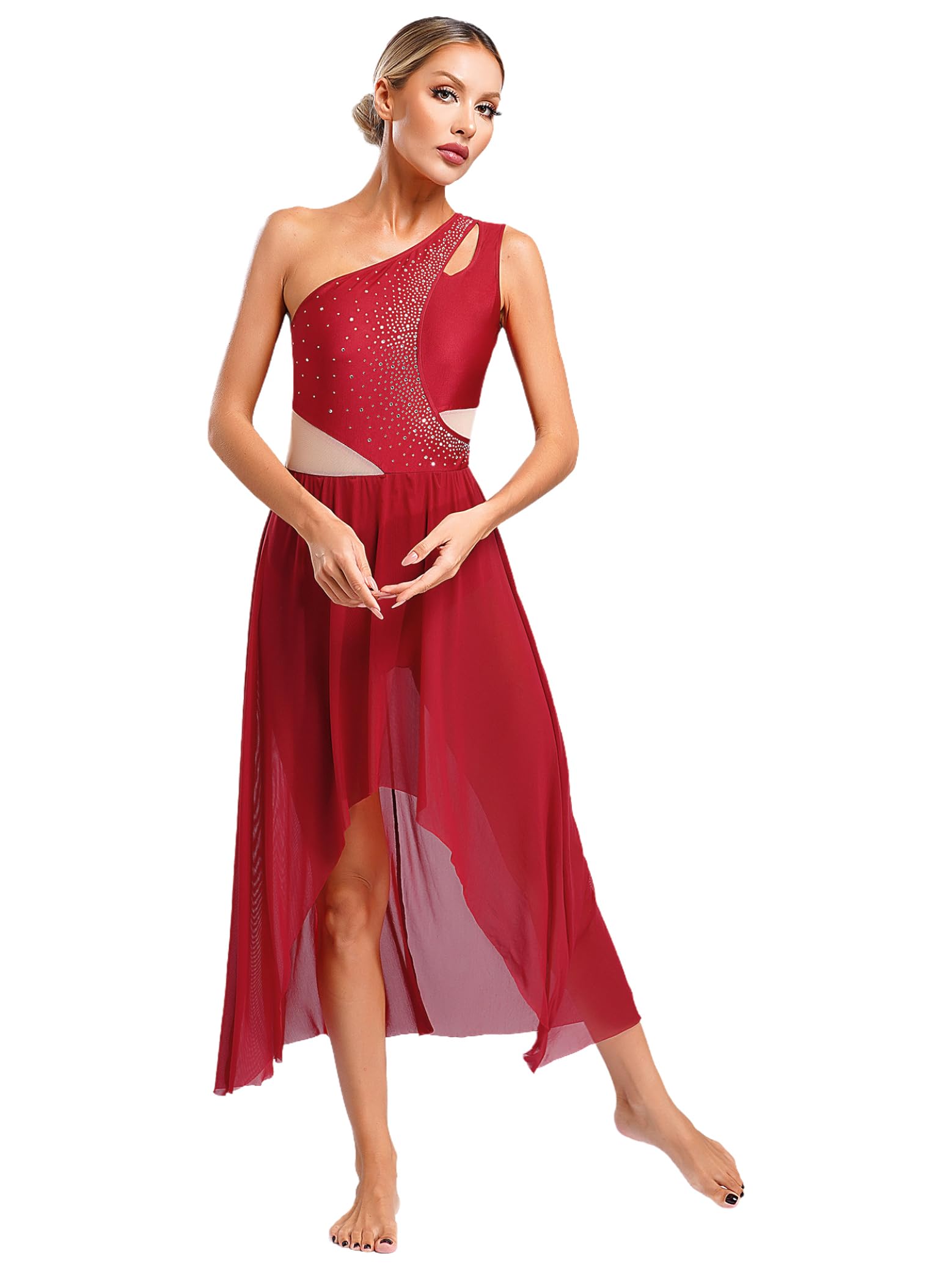 Elegant Women's Lyrical Ballet Dance Costume - Sleeveless Asymmetrical Flowy Maxi Dress for Modern Dance Performances, Recitals, and Stage Shows