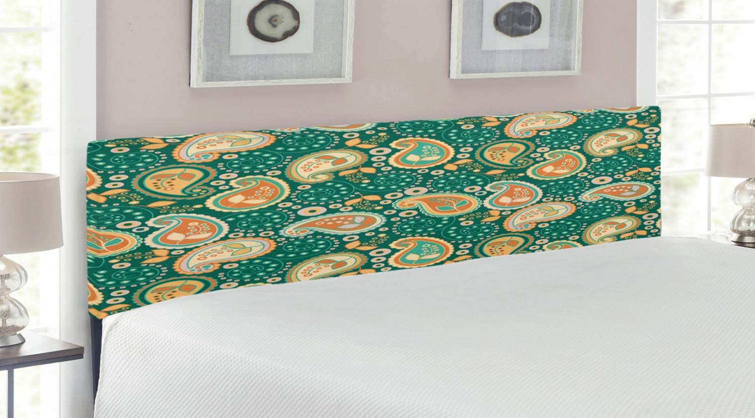 Ambesonne Ethnic Upholstered Headboard - King Size Paisley Leaves Floral Pattern Decorative Metal Bed Frame with Memory Foam in Apricot Hunter Green | Bohemian Bedroom Decor for Master & Guest Rooms