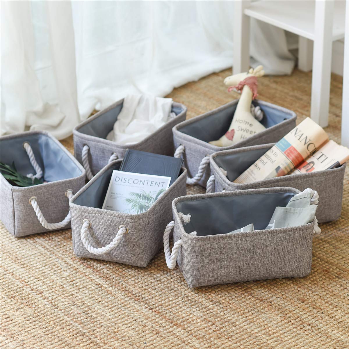 6-Pack Gray Fabric Storage Baskets with Handles - 12x8x5 Inches Small Organizing Bins for Home, Gifts & Dog Toys | Decorative Home Organization Solutions for Bedroom, Bathroom & Nursery