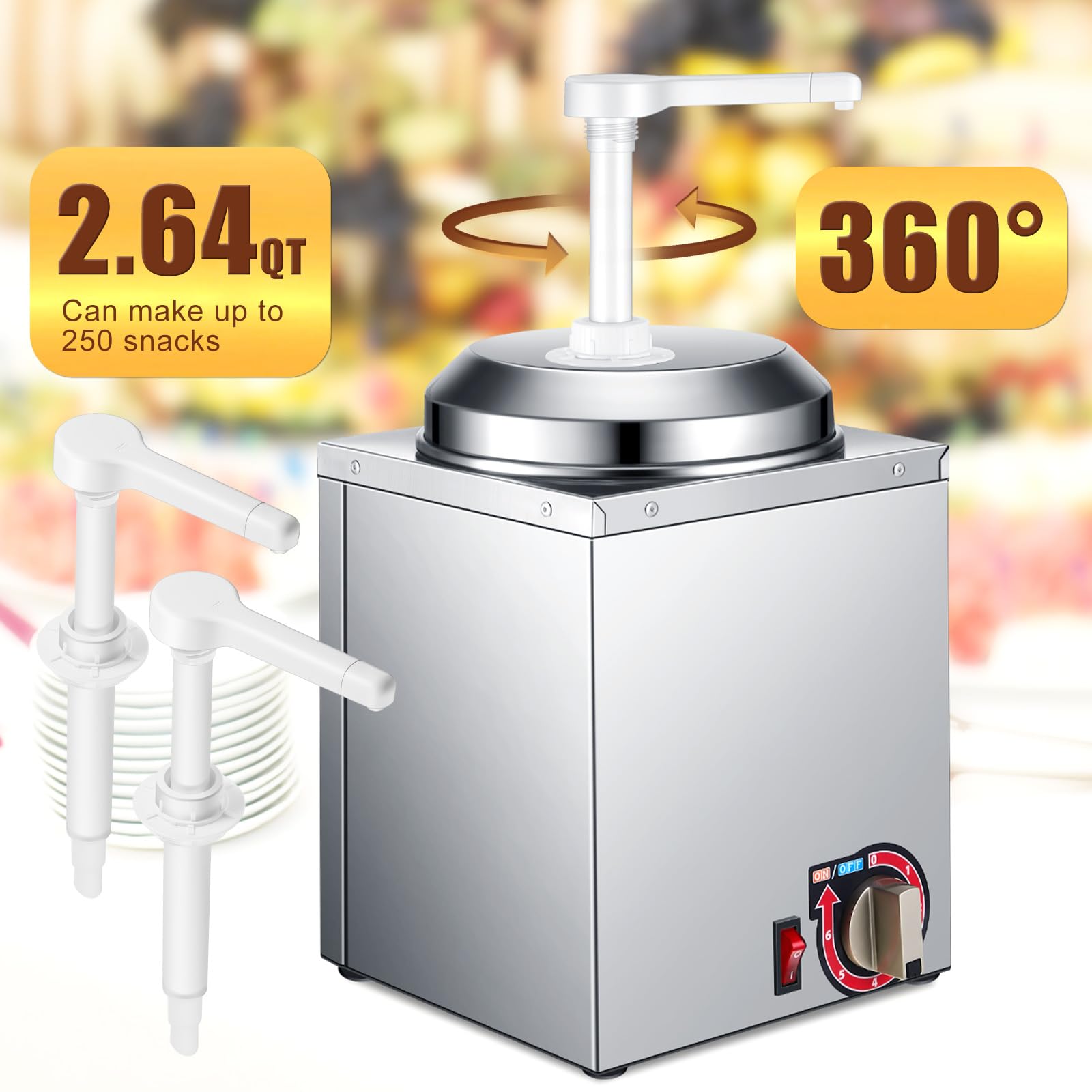 Commercial Stainless Steel Nacho Cheese Dispenser with 2 Pumps - 2.64 Qt Hot Fudge Warmer for Cheese, Caramel & Chocolate - Perfect for Movie Theaters, Concession Stands & Catering Events