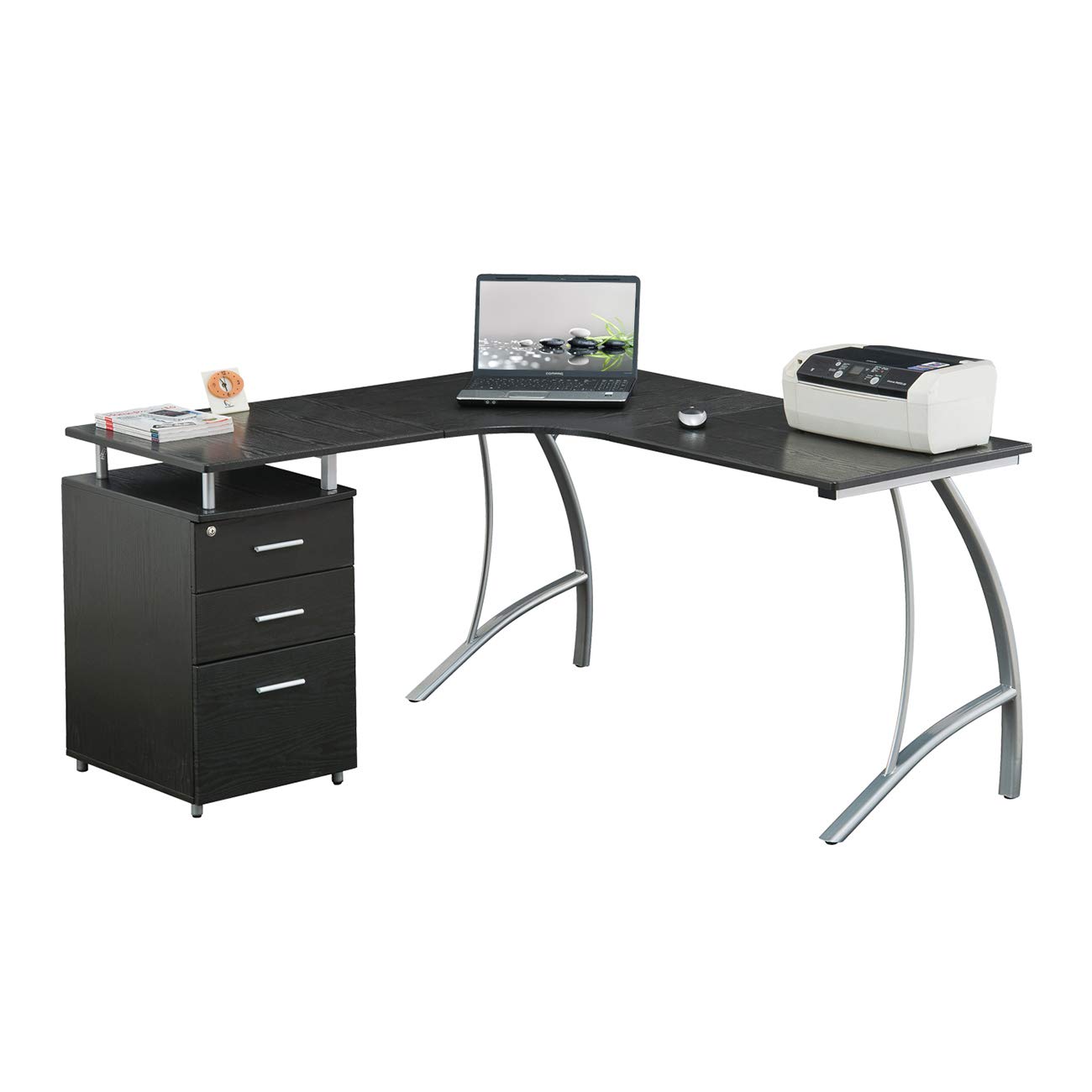 Techni Mobili L-Shaped Computer Desk with File Cabinet & Corner Storage - Adjustable Left/Right Hand Configuration, Espresso Brown - Perfect for Home Office, Study & Workspace Organization
