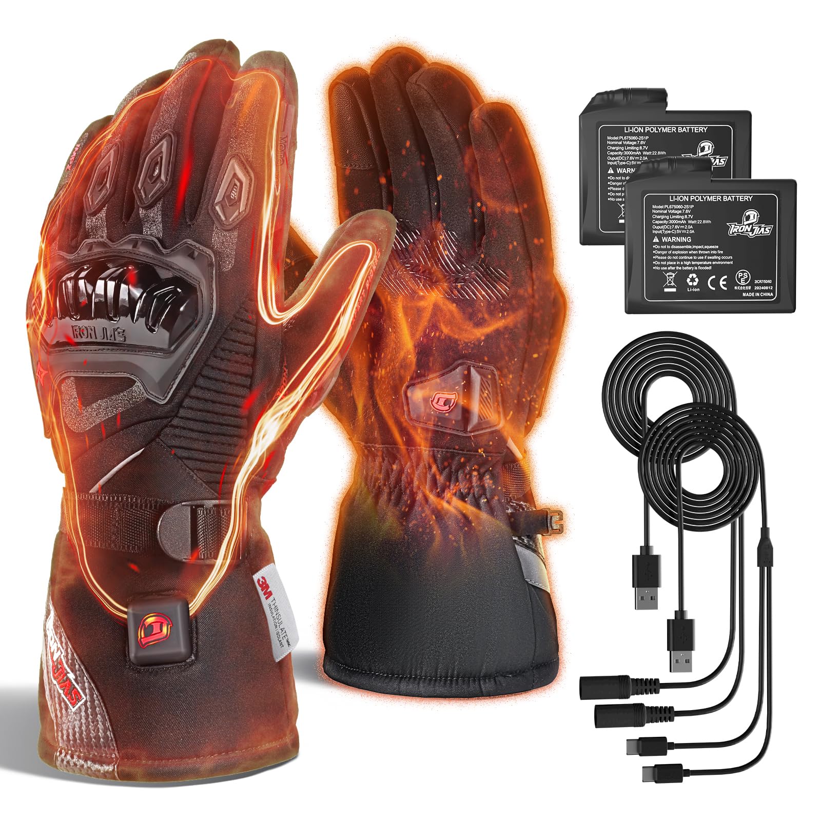 IRON JIA'S Heated Motorcycle Gloves - Waterproof Windproof Touchscreen Winter Gloves with 3000mAh Rechargeable Battery | Dual-Mode Electric Heating for Motorcycling, Skiing & Cold Weather Activities