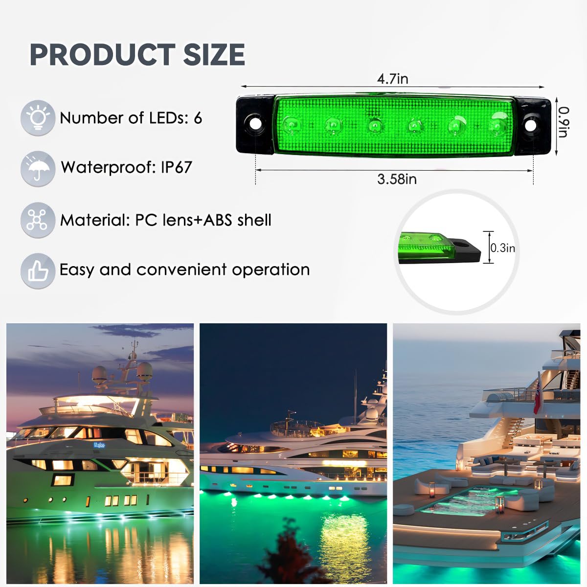 10PCS Green 12V Marine Boat Lights - Waterproof Cockpit Navigation & Deck Courtesy Lighting for Yacht, Fishing Boat, Sailboat, Kayak, Pontoon - Perfect for Night Cruising & Water Safety