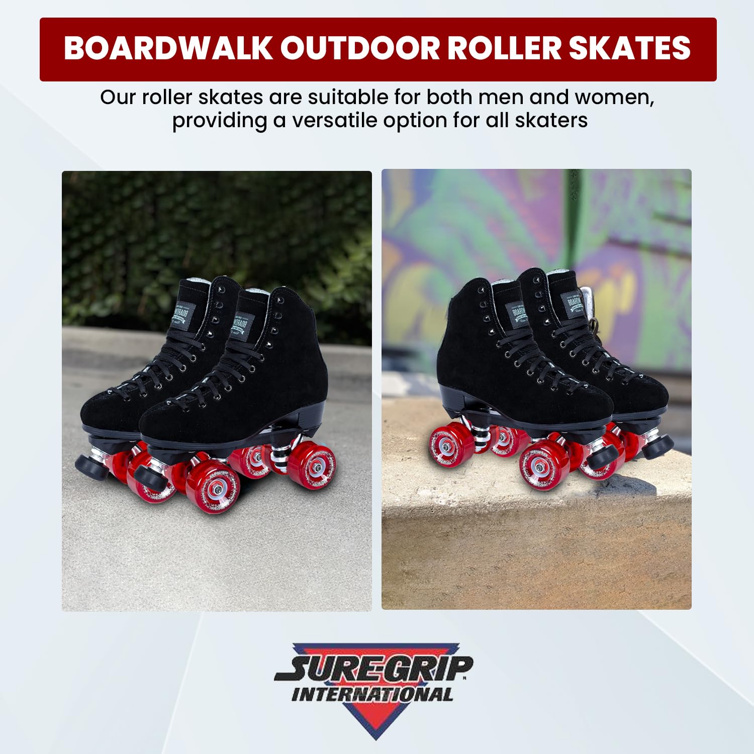 Sure Grip Boardwalk Unisex Outdoor Roller Skates - Premium Suede Material, ABEC 3 Bearings, 78A Soft 62mm Red Motion Wheels, Polyurethane Wheel Material - Perfect for Park Trails and Urban Skating