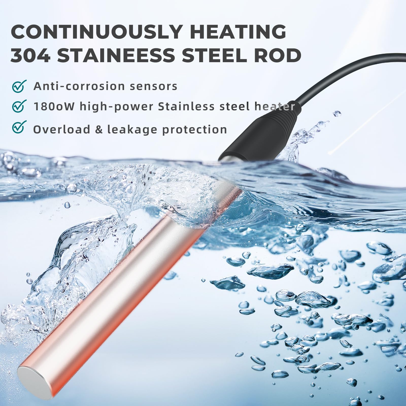 1800W Submersible Water Heater for Pools - Adjustable Thermostat & GFCI Protection - Perfect for Above Ground Pools, Inflatable Pools, Stock Tanks & Bathtubs - Fast Heating Immersion Heater for Swimming & Outdoor Water Use