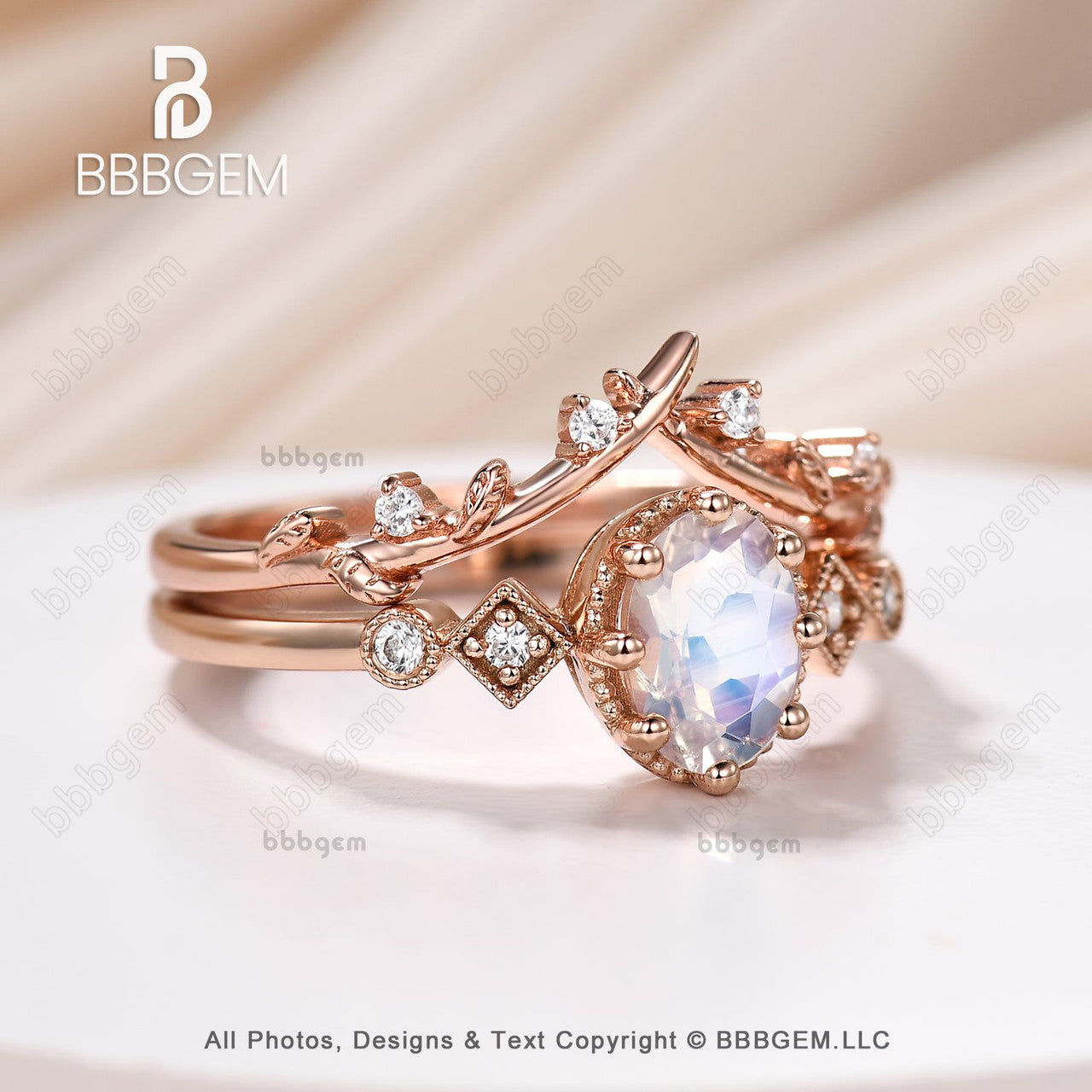 Vintage Art Deco 14K Rose Gold Moissanite & Moonstone Statement Ring Set - 5 Stone Oval Bridal Ring for Women - Perfect for Weddings, Anniversaries & Special Occasions