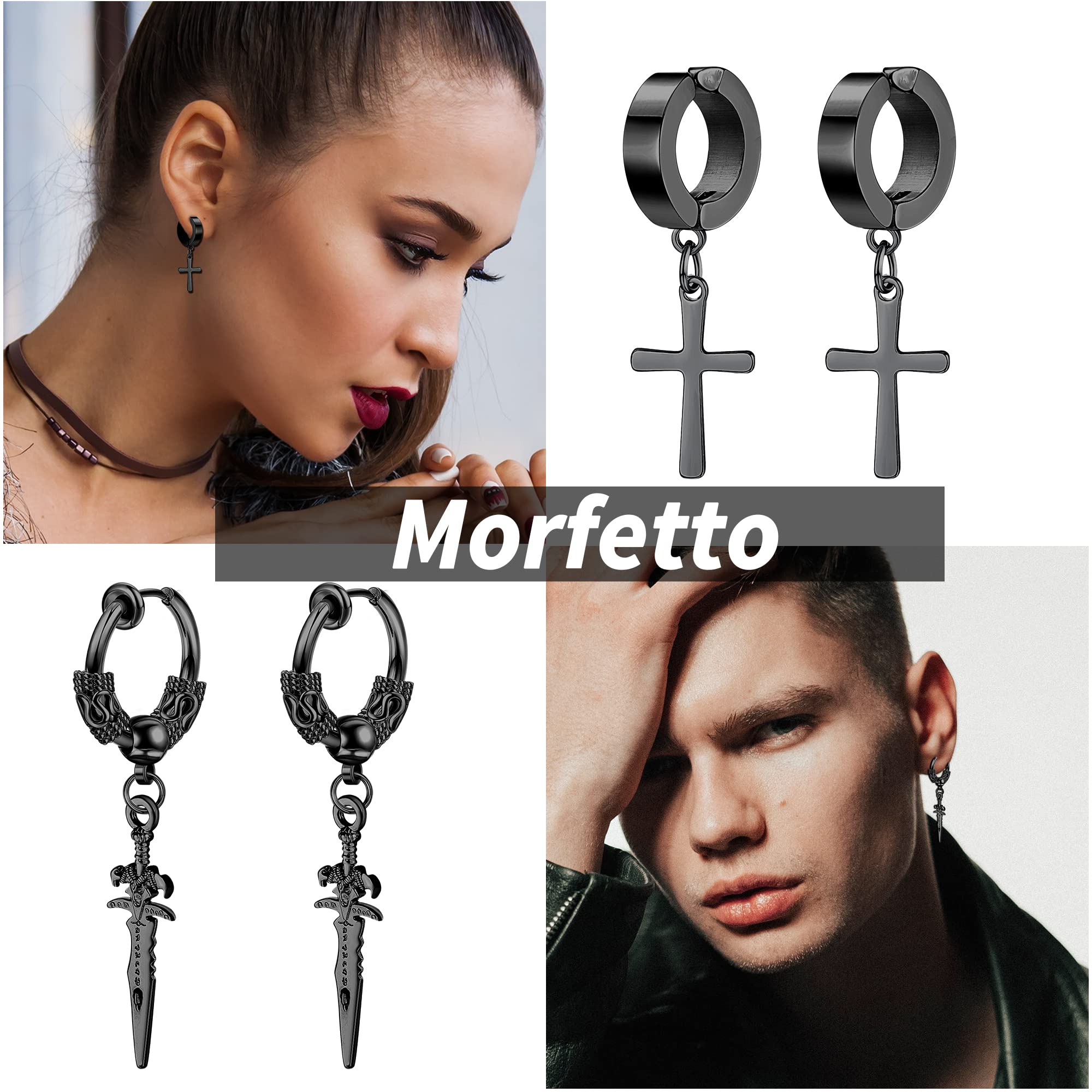 22Pcs Stainless Steel Clip On Earrings for Men & Women - Cross Chain Pendant Non-Piercing Huggie Hoop Set | Black Fake Earrings for Everyday Wear, Parties & Gifts