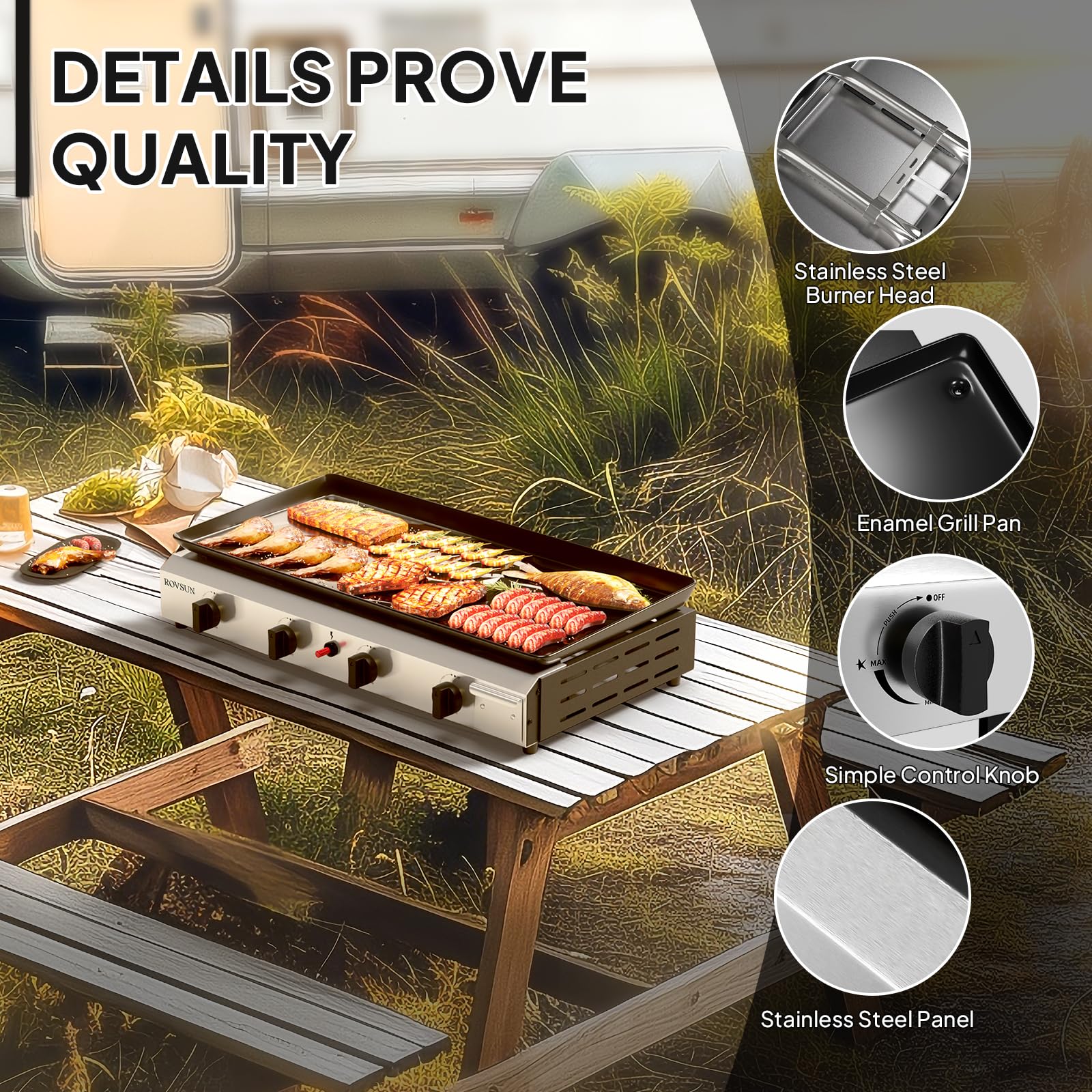 ROVSUN 4 Burner Portable Propane Griddle with Electronic Ignition - 40,000 BTU Tabletop Flat Top Gas Grill with Nonstick Enameled Tray & Regulator - Perfect for Outdoor Cooking, Camping, BBQ, Picnics, Tailgating, Backyard Parties and Family Gatherings