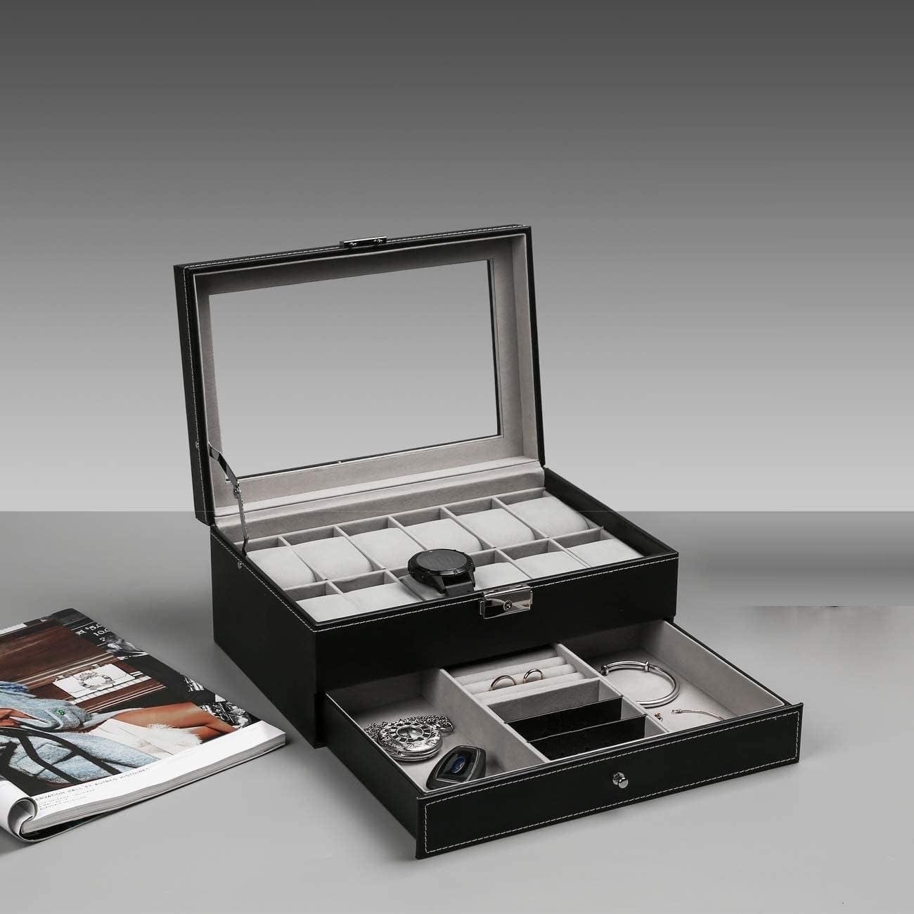 12-Slot PU Leather Lockable Watch & Jewelry Storage Box - Black | Secure Organizer for Travel, Home & Gift Giving