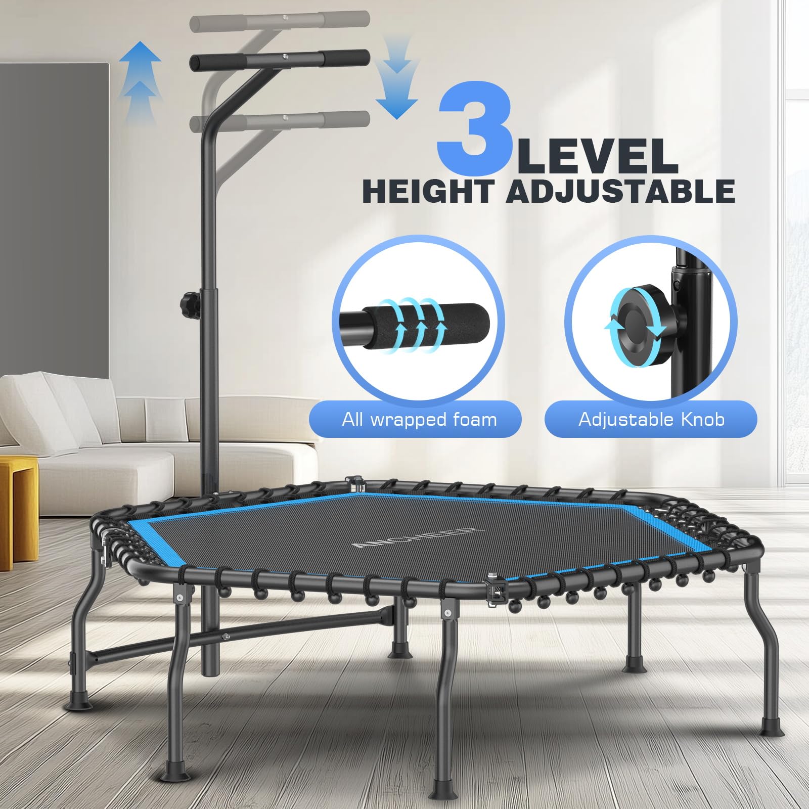 ANCHEER 50 Inch Foldable Rebounder Trampoline with Safety Bar - 450/550lbs Weight Capacity Exercise Trampoline for Adults - Perfect for Indoor Fitness & Outdoor Garden Workouts - Home Gym Equipment for Cardio & Weight Loss