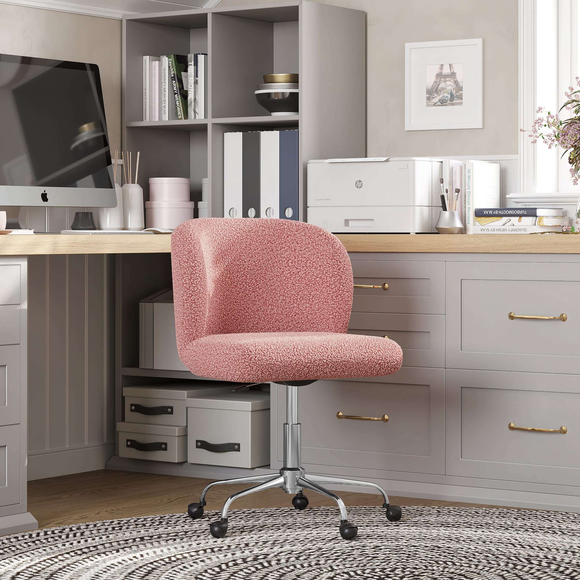 BELLEZE Modern Upholstered Boucle Swivel Office Chair with Adjustable Height - Pink Rolling Desk Chair for Home Office, Gaming, Study & Vanity | Stylish Comfortable Work Chair with Wheels