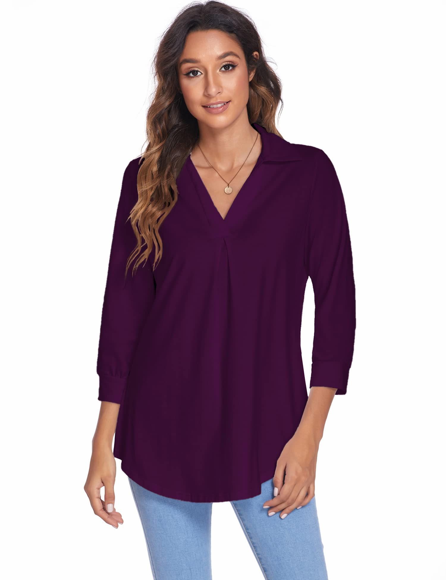 Newchoice Women's Collared V-Neck 3/4 Sleeve Blouse - Business Casual Tops, Loose Fit Work Shirts (S-3XL) - Perfect for Office, Meetings & Professional Events