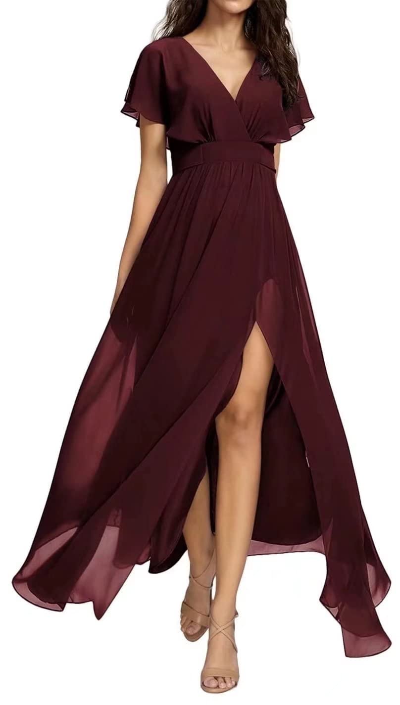 Yadressy Women's Long Sleeve Chiffon Maxi Dress with Slit & Ruffle Detail - A-Line Formal Evening Gown for Bridesmaid, Prom, Wedding Party & Special Occasions
