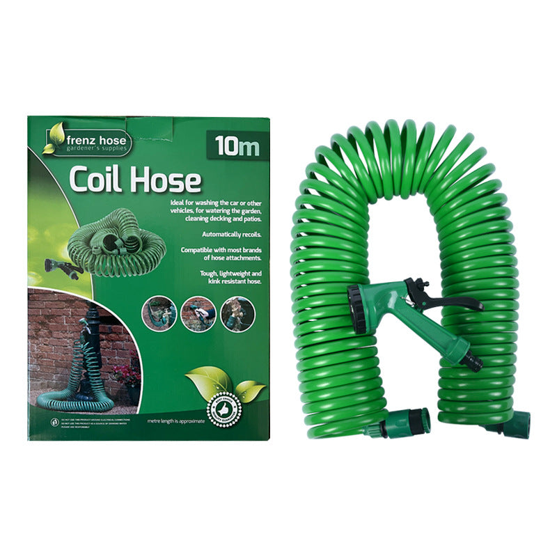 10m Retractable Spring Garden Hose with 5 Function Spray Gun - EVA Burst Proof Watering Hose for Car Washing, Lawn Care & Outdoor Cleaning - Flexible Expandable Hose for Yard, Patio & Home Use