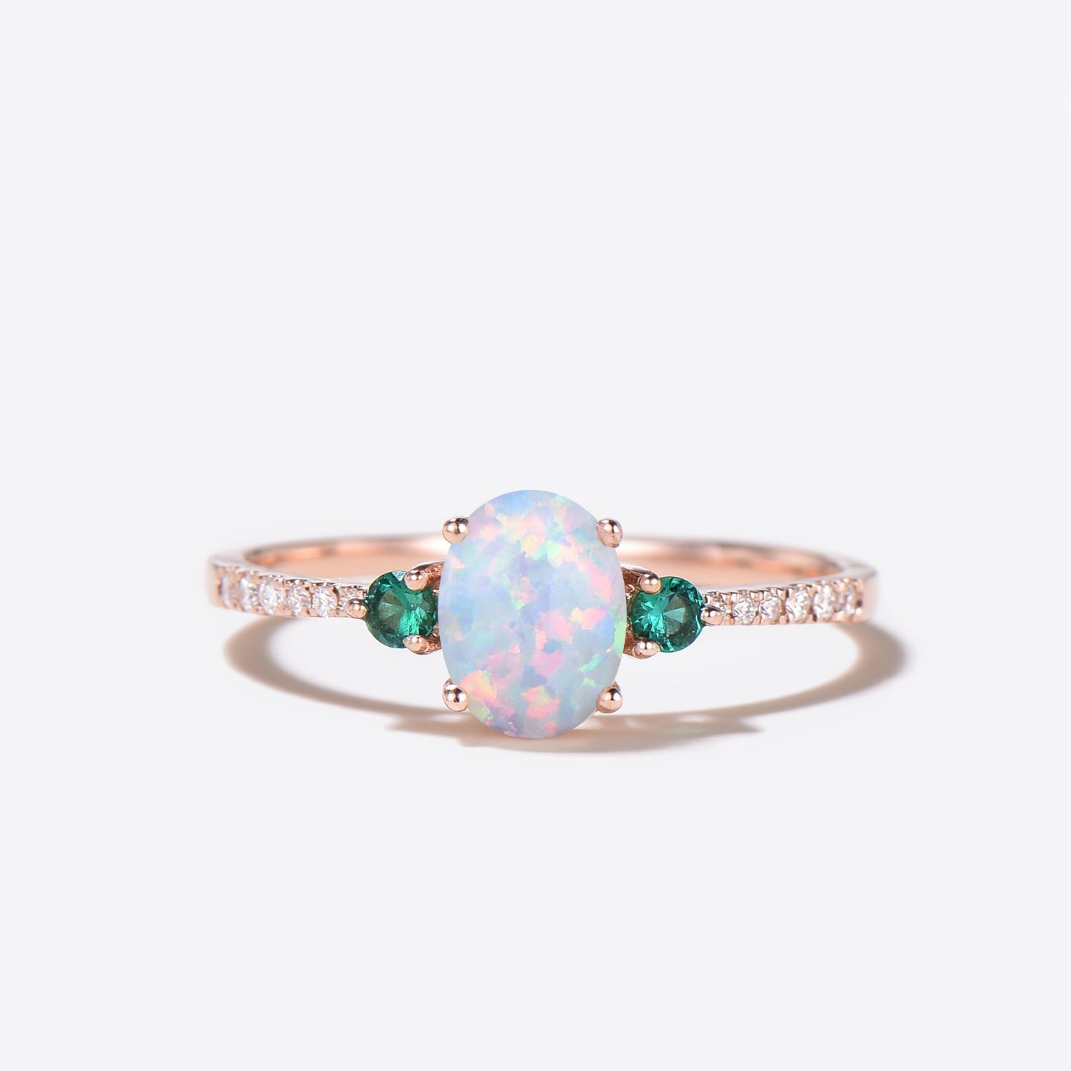 Antique Diamond & Emerald Engagement Ring Set with Lab Opal Bridal Wedding Band - Vintage Style for Bridal Jewelry, Wedding Proposal & Anniversary Gifts