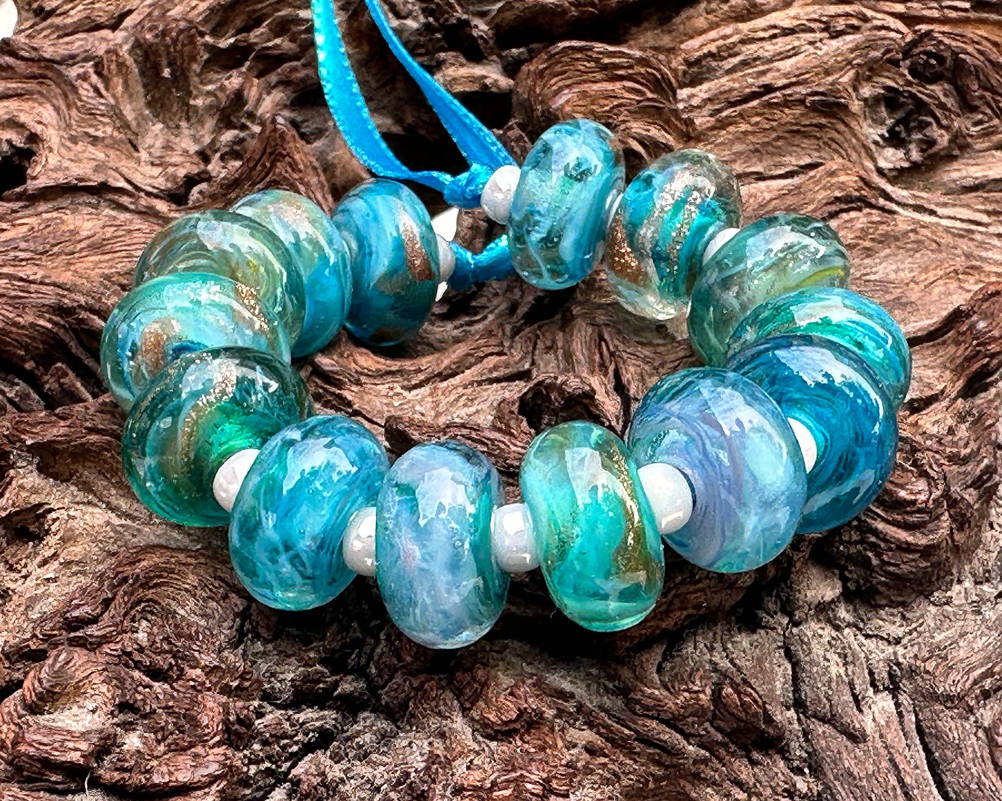 14pcs Aqua Sea Glass Lampwork Beads Set - Handmade Glass Beads for Jewelry Making, DIY Crafts, Bracelets & Necklaces - Perfect for Beach Wedding Decor, Boho Style Accessories and Gift Giving