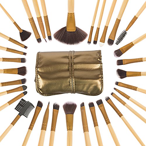 32 Pcs Professional Makeup Brush Set with Golden Leather Pouch - Eye Shadow, Blush & Concealer Brushes for Flawless Makeup Application | Perfect for Travel & Professional Makeup Artists