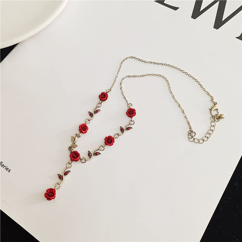 3Pcs Rose Red Jewelry Set for Women - Elegant Red Flower Necklace, Dangle Earrings & Bracelet - Perfect Bridal Jewelry Gift for Weddings, Proms & Special Occasions