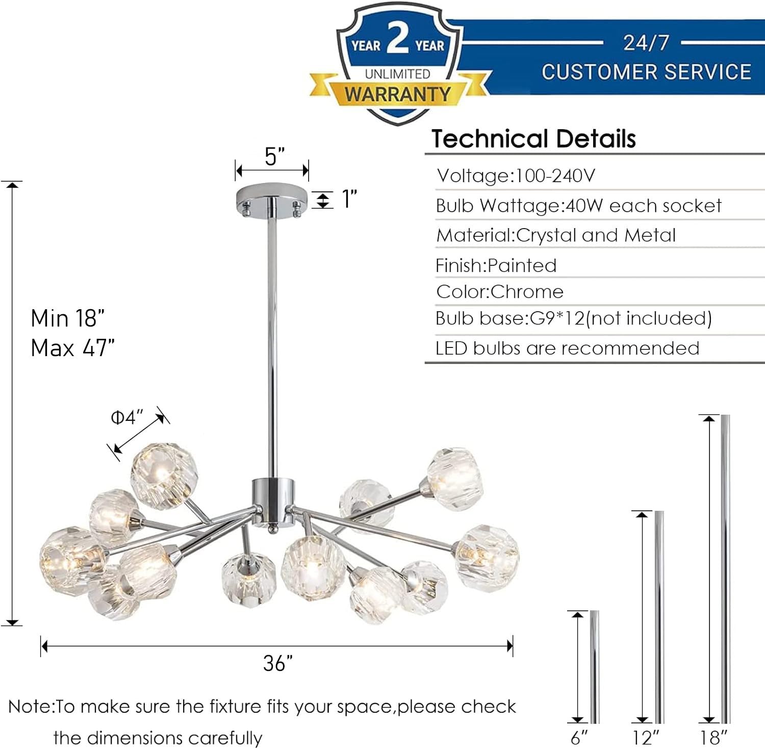 Modern Crystal Chandelier - 12-Light Chrome Fixture for Dining Room & Kitchen Island