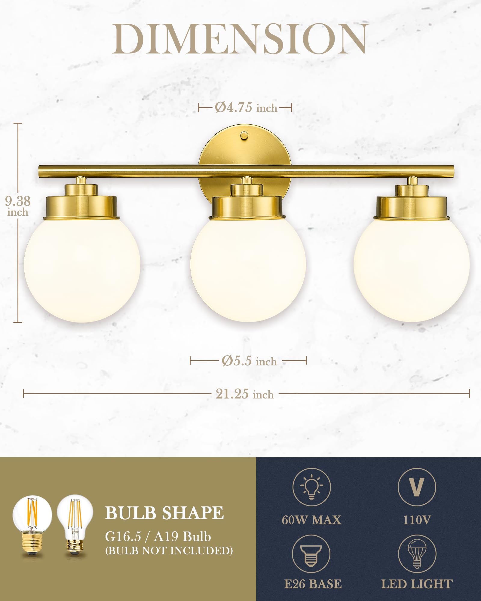 LMS Gold Bathroom Light Fixtures - 3 Light Globe Vanity Lights with White Glass Shade (Model LMS-098) - Perfect for Modern Bathroom, Powder Room, and Spa Lighting Decor