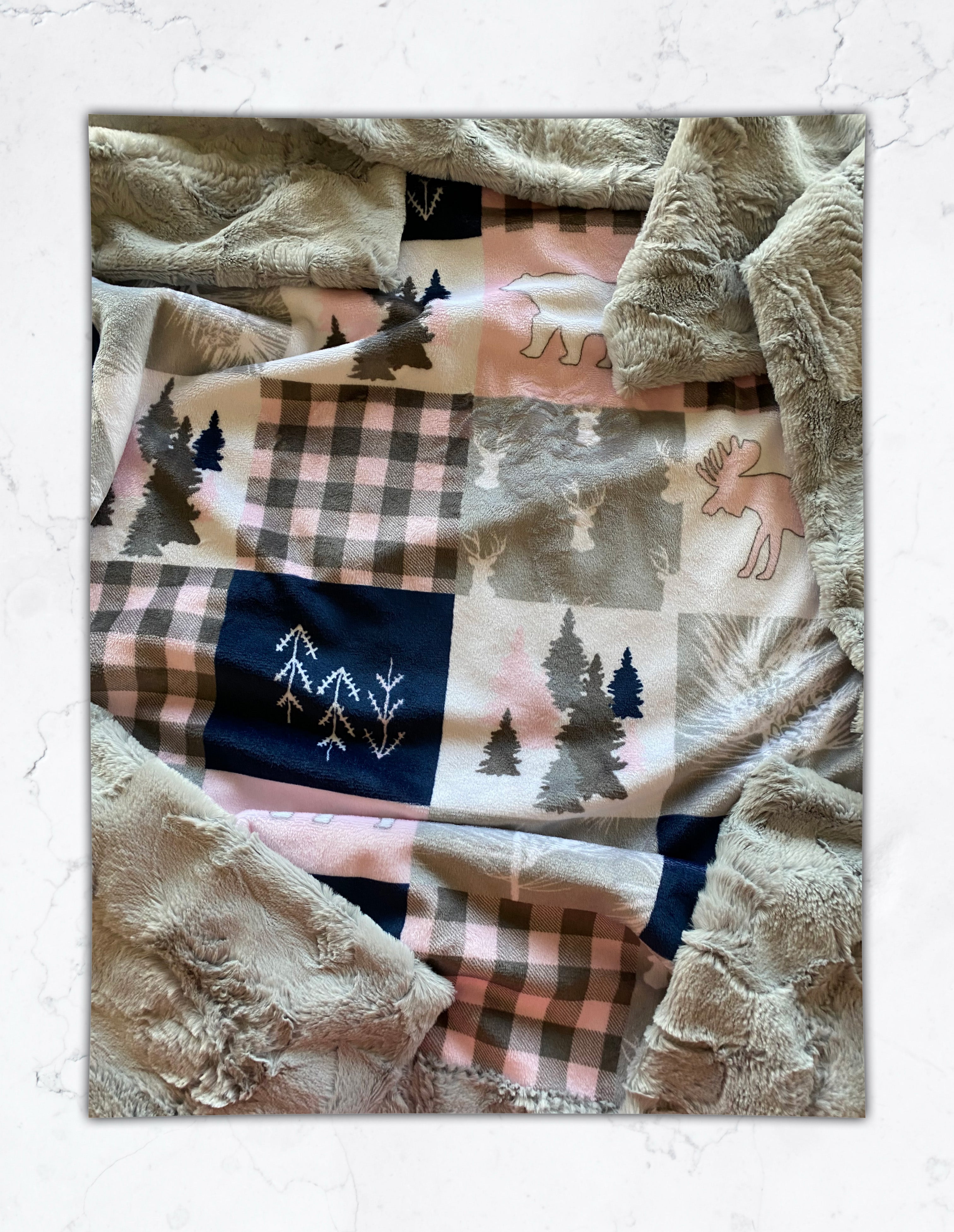 Blush Pink Cabin Quilt with Silver Hide & Pillowcase - 13x18 for 12x18 Pillow - Soft Minky Baby Blanket 34x40 - Perfect for Nursery, Crib, and Cozy Bedroom Decor