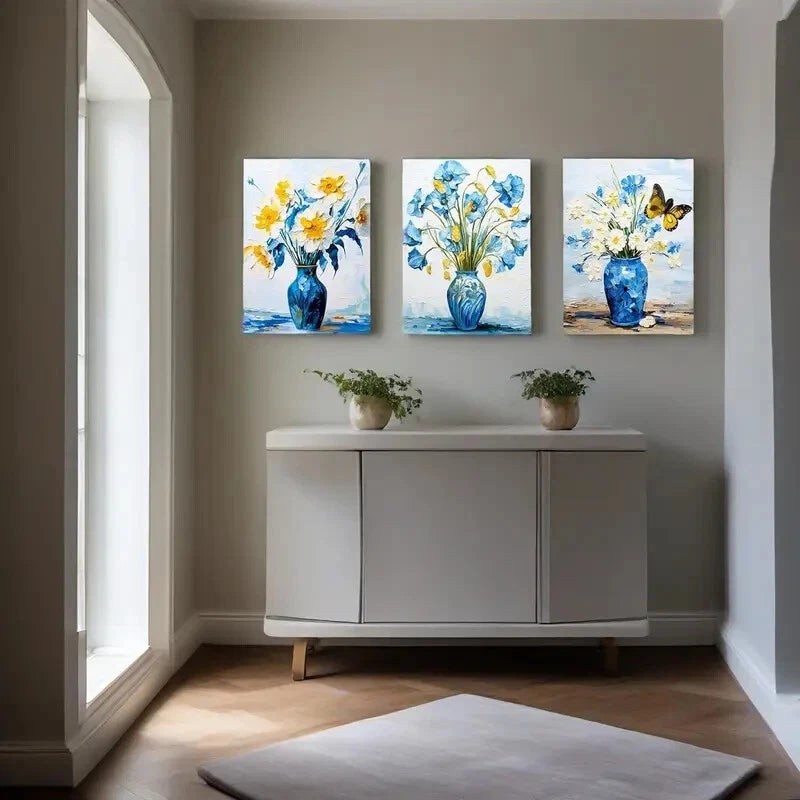 3-Piece White and Blue Daisy Metal Print Art in Pretty Vase - Ready to Hang Wall Decor for Living Room, Bedroom & Office