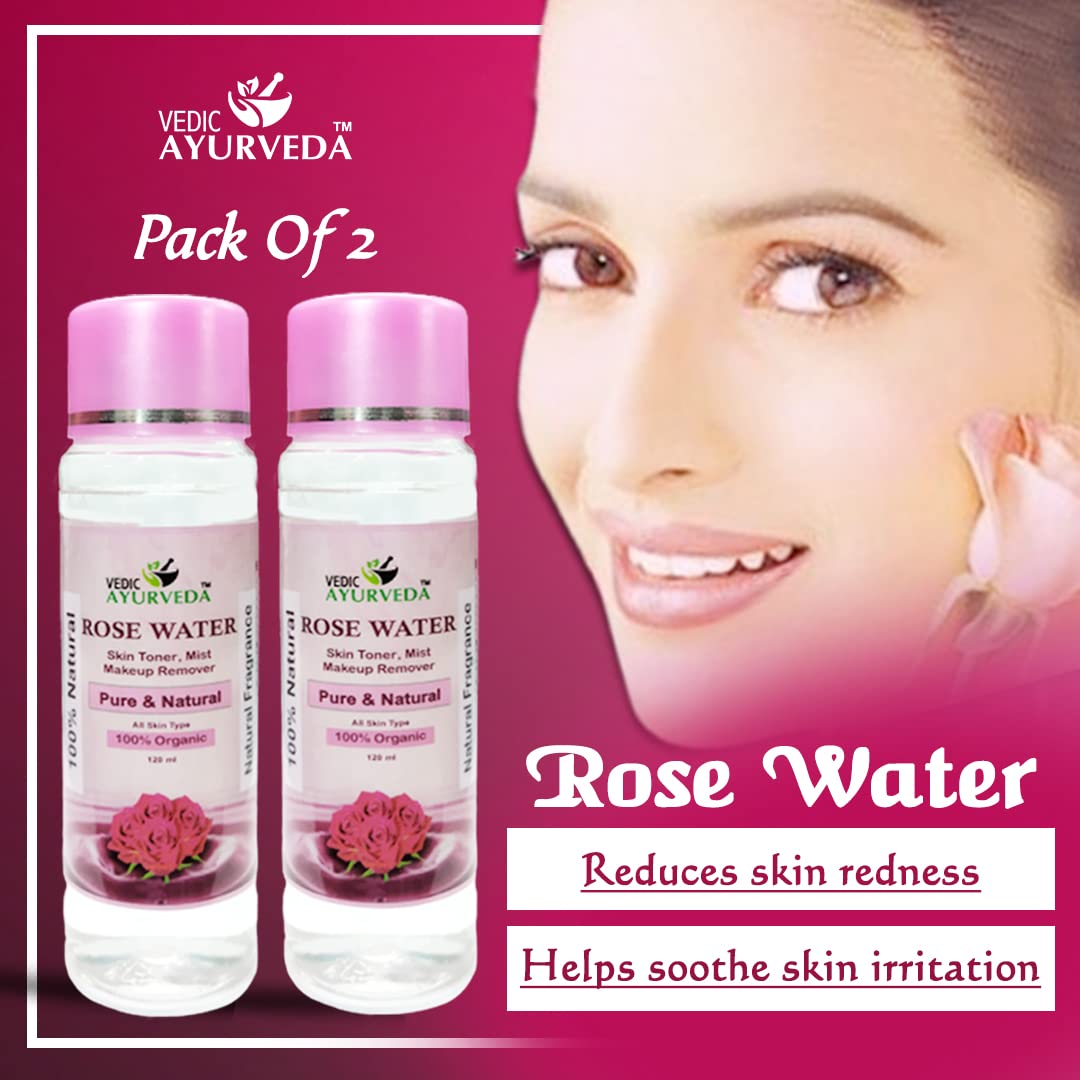 VEDICAYURVEDA Rose Water for Skin Care & Face Toner - Hydrating, Soothing, Makeup Remover (Pack of 2) | Perfect for Daily Skincare Routine & Post-Makeup Cleansing