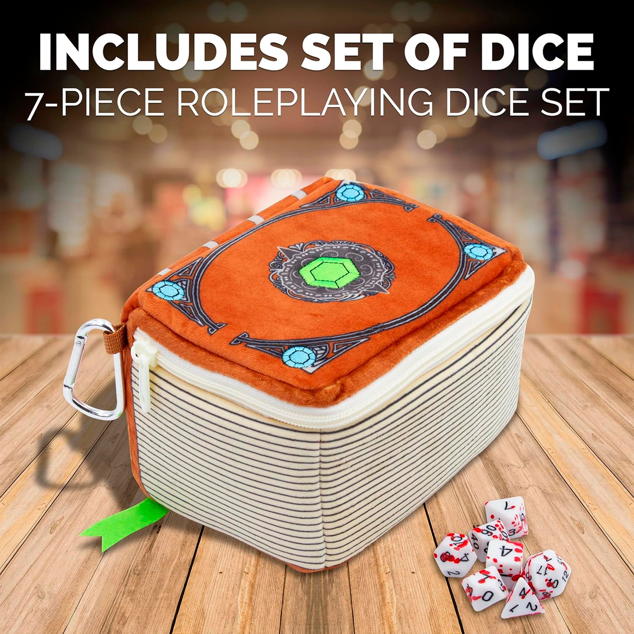 CASEMATIX Mimic Tome Dice Chest - Premium Dice Storage Case with 7 RPG Dice Sets, Plush Zipper Dice Bag & Carabiner - Holds 250 D&D Tabletop Dice - Perfect for Dungeons & Dragons, Pathfinder & TTRPG Game Nights