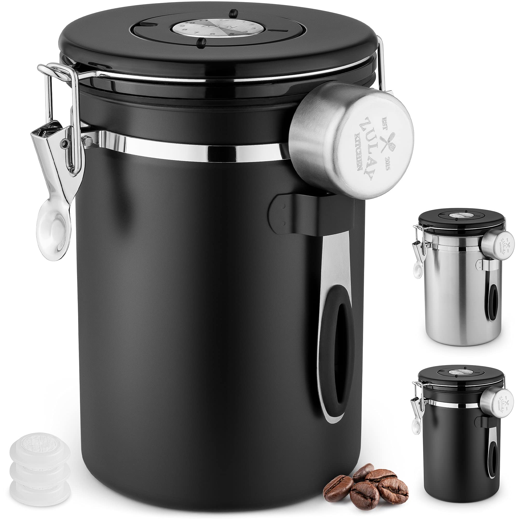 Premium 21oz Stainless Steel Coffee Canister - Airtight Ground Coffee Storage Container with Scoop Holder & Date Tracker - Ideal for Coffee, Tea, Sugar, Flour - Perfect for Kitchen, Pantry & Coffee Station Organization (Black)