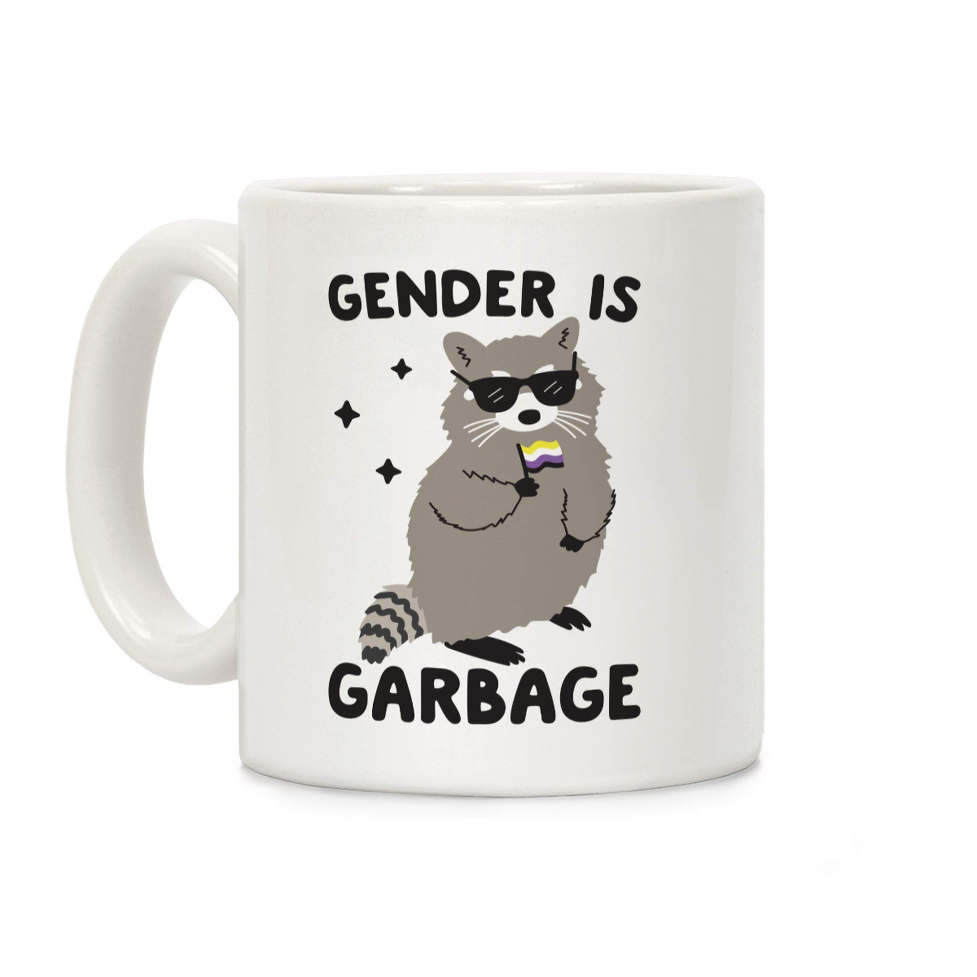 Non Binary Raccoon Pride Coffee Mug - 11oz Funny Ceramic Cup with Double-Sided Print, Unique Humor Gift for Women & Men - Perfect for LGBTQ+ Pride Celebrations, Office Coffee Breaks & Novelty Gift Giving