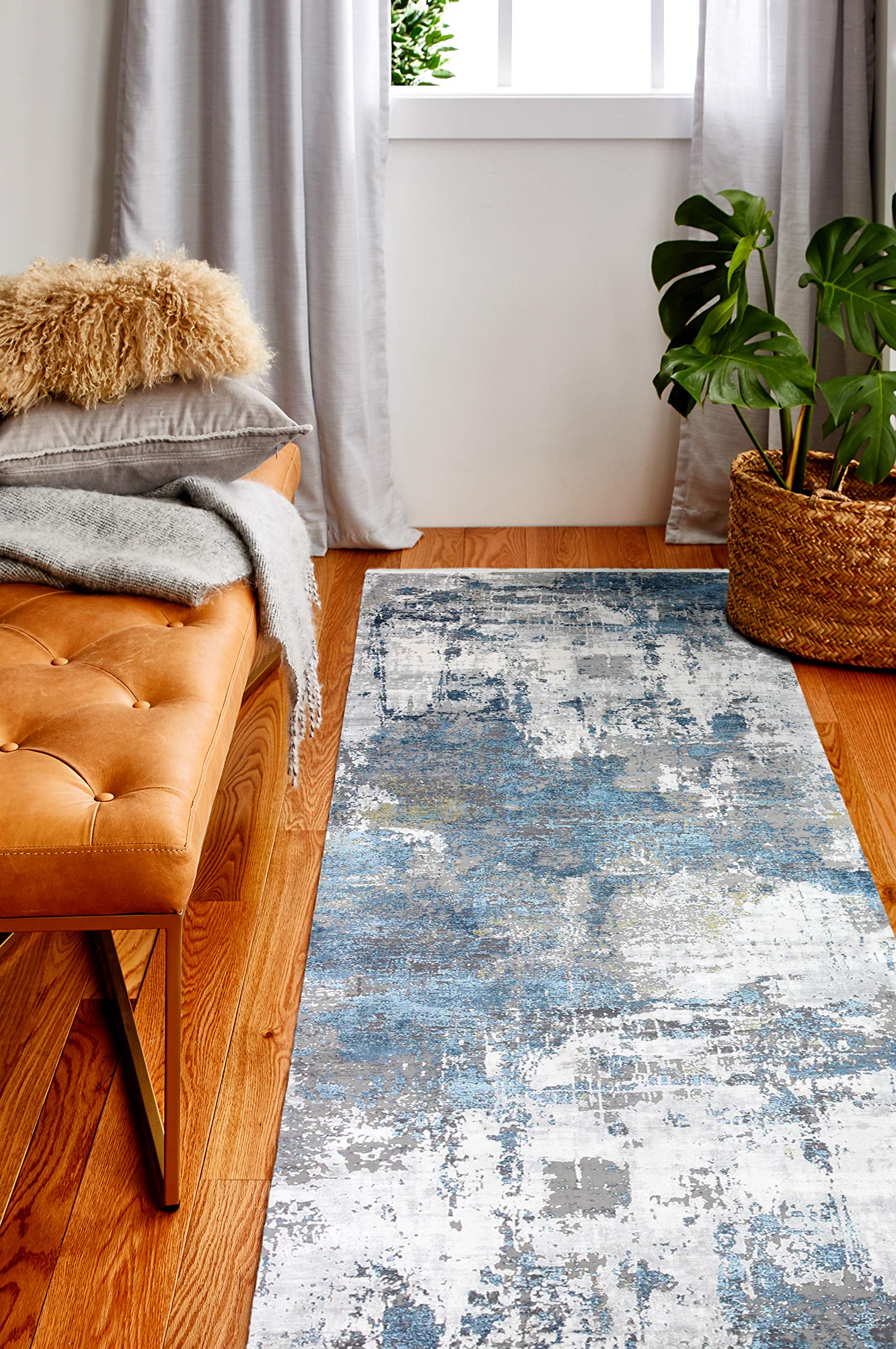 Luxury Bashian Collection Area Rug - 2.6’ x 8’ Power Loom Viscose & Polyester Runner Rug for Entryway, Living Room, Bedroom - Ivory & Blue Home Decor - Perfect for Hallways, Dining Areas & Cozy Spaces