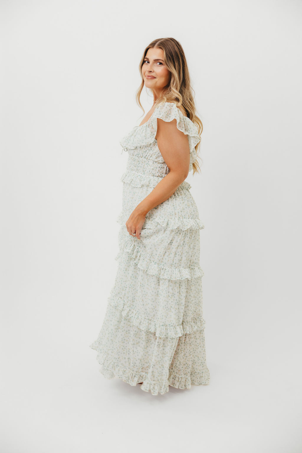 Astrid Ruffle Detail Maxi Dress in Sage Floral - Bump Friendly Maternity Dress for Pregnancy, Nursing & Special Occasions | Flowy Summer Dress for Beach, Wedding & Vacation