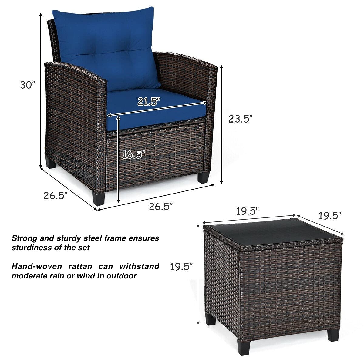 Navy Blue 3-Piece Outdoor Patio Furniture Set with 2 Rattan Chairs & 1 Tempered Glass Coffee Table - Soft Cushions Included - Perfect for Backyard, Deck, Balcony, Poolside, and Outdoor Living Spaces - Ideal for Relaxing, Entertaining, and Enjoying Nature