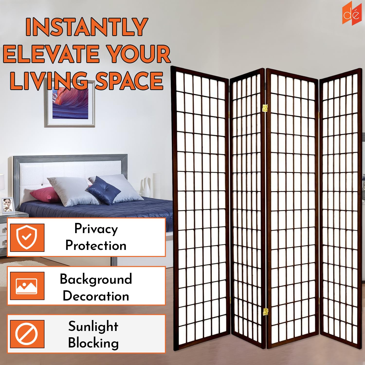 Legacy Decor 4-Panel Room Divider - 6ft Tall Portable & Foldable Freestanding Privacy Screen - Shoji Style Dressing Screen for Home, Office & Studio - Espresso Finish | Perfect for Room Separation, Changing Area, and Temporary Wall Partition