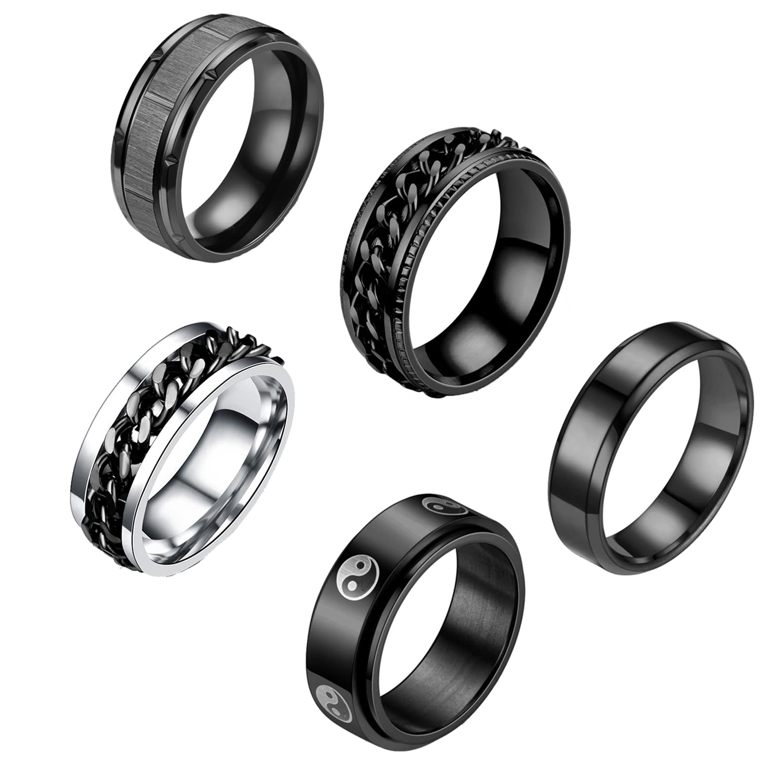 5Pcs Stainless Steel Spinner Rings for Men & Women - Yin Yang Twisted Chain Rings with Beer Opener - Rotatable Black Wedding Band Rings for Stress Relief, Anxiety, Gifts & Everyday Wear