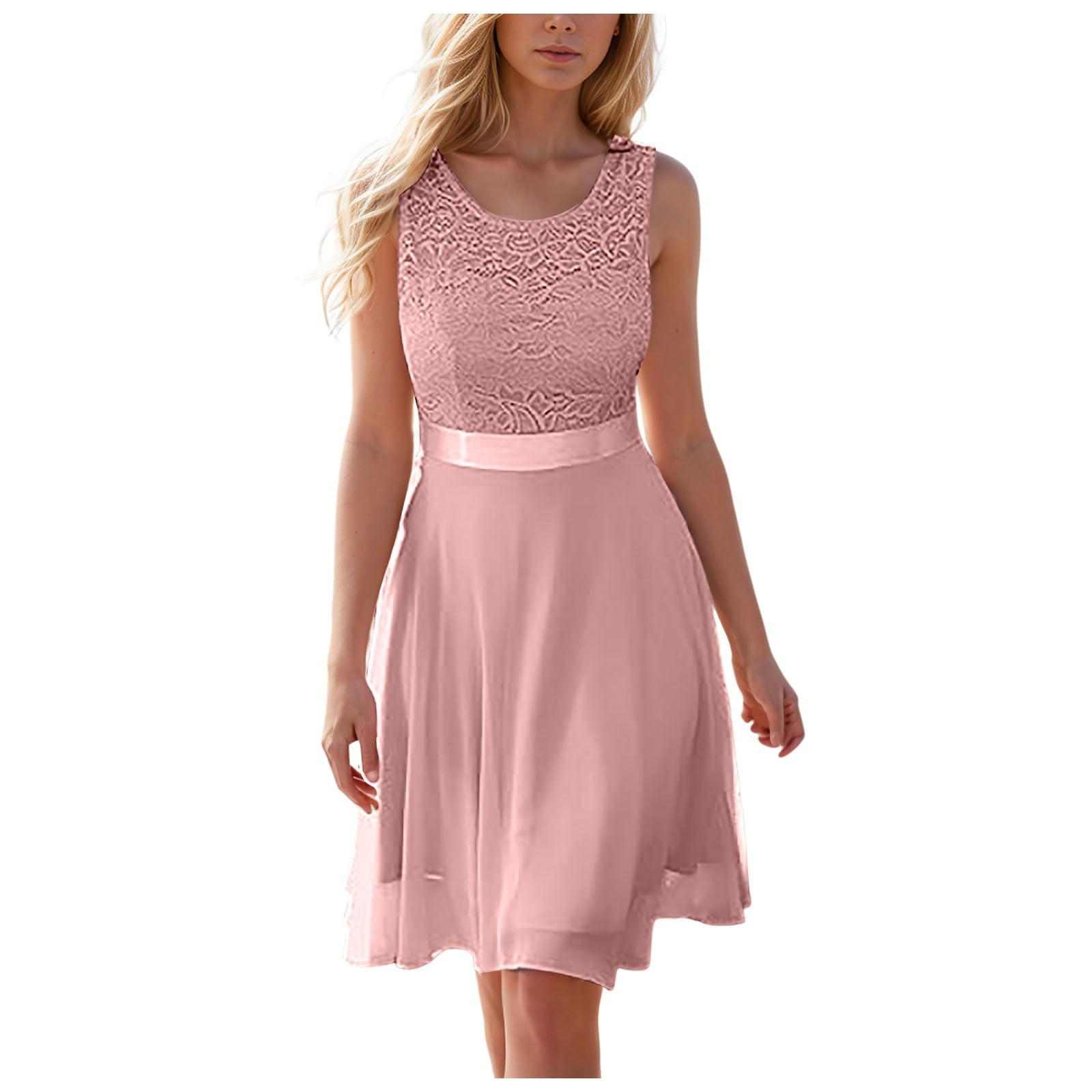 CUPSHER Women's Summer Chiffon Dress - Crew Neck Sleeveless A-Line Casual Lace Dress for Petite Plus Size 3XL, Perfect for Beach Vacation, Wedding Guest, and Party Outfits