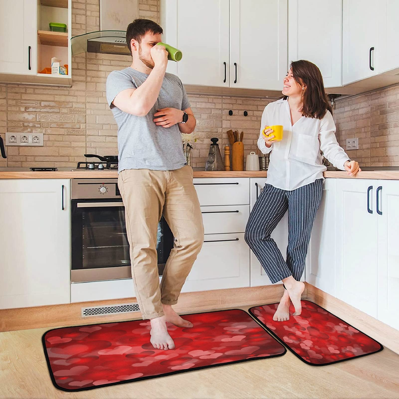 Valentine's Day Heart-Shaped Non-Slip Kitchen Rugs Set of 2 - Romantic Red Rose Flower Design Soft Floor Mats for Kitchen, Laundry, Entryway & Home Decor - Perfect Gift for Couples & Home Lovers