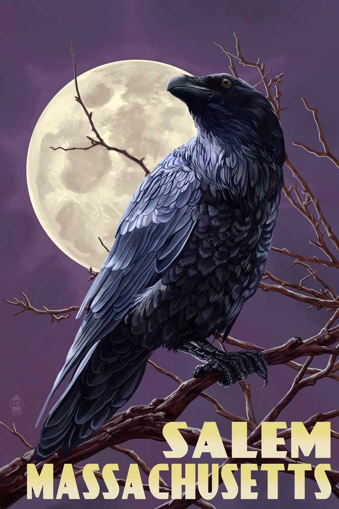 Salem Massachusetts Raven and Moon Purple Sky Wall Art Poster - 12x18 Inches Gothic Home Decor for Living Room, Bedroom, or Office