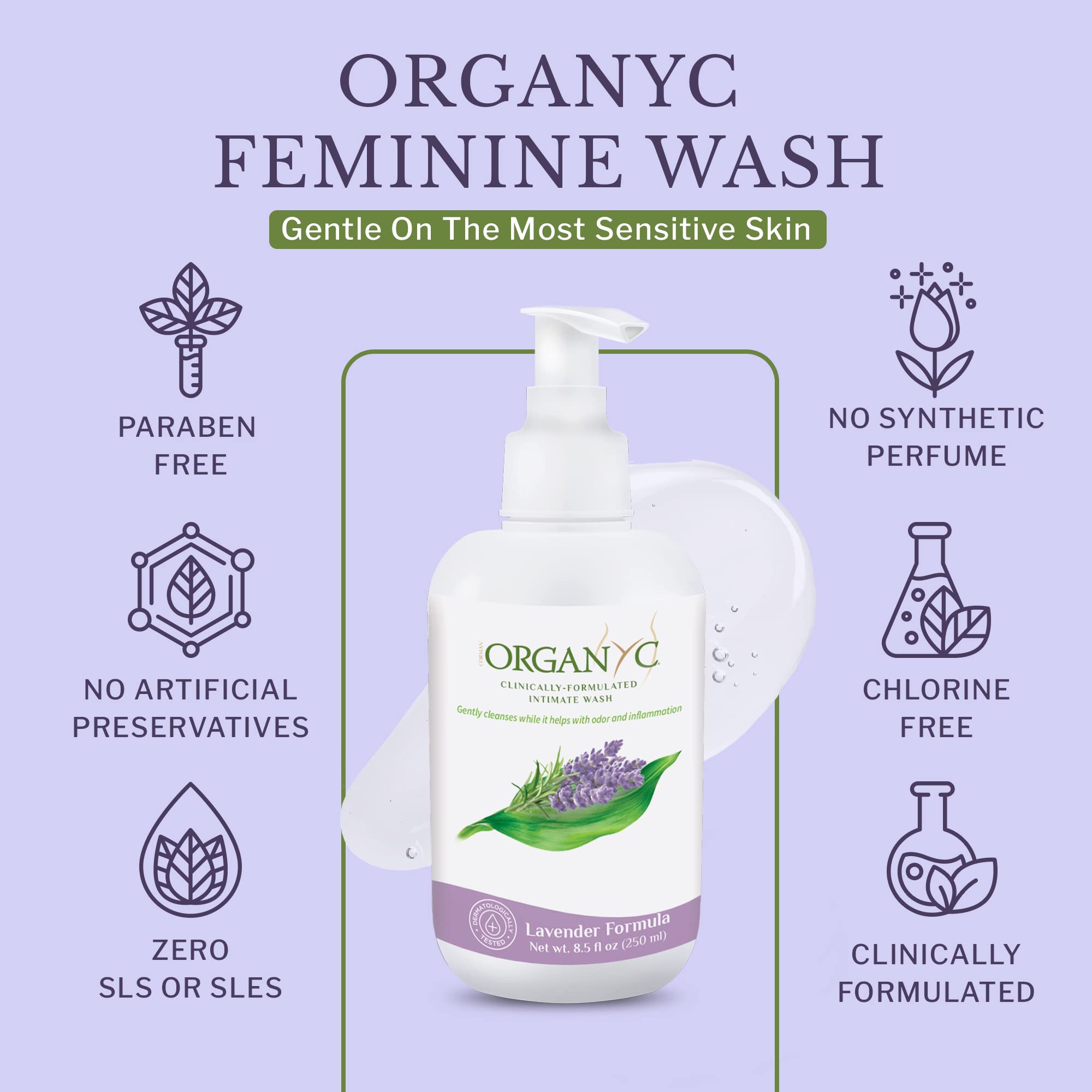 Organic Lavender Feminine Wash with Essential Oils & Flower Extracts - pH Balanced Intimate Cleanser for Sensitive Skin - 8.5 fl oz (Pack of 2) - Gentle Daily Hygiene for Women - Perfect for Post-Workout, Travel & Menstrual Care