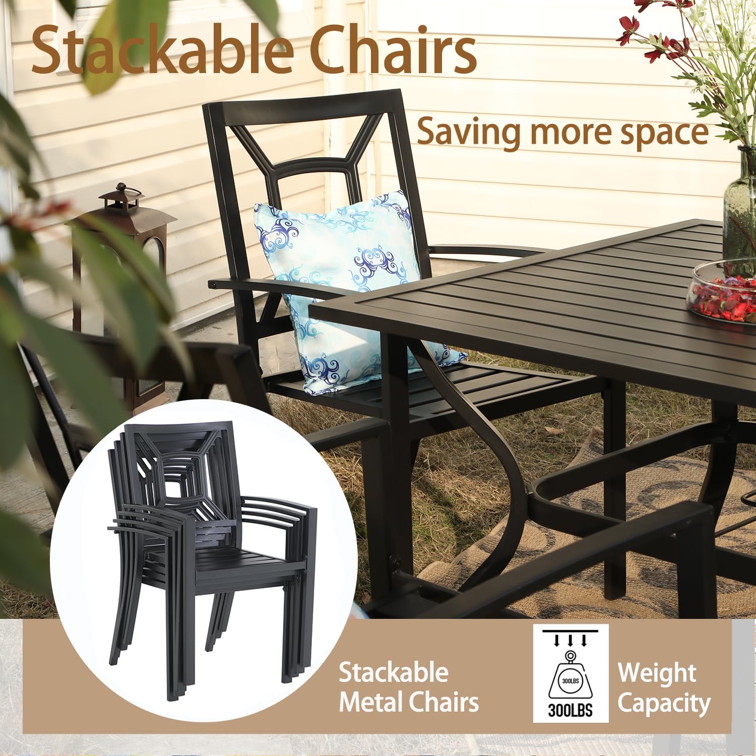 MFSTUDIO 6-Piece Patio Dining Chairs Set - Outdoor Wrought Iron Stackable Armchairs with Armrests, Black - Perfect for Backyard, Garden, Poolside & Restaurant Outdoor Seating