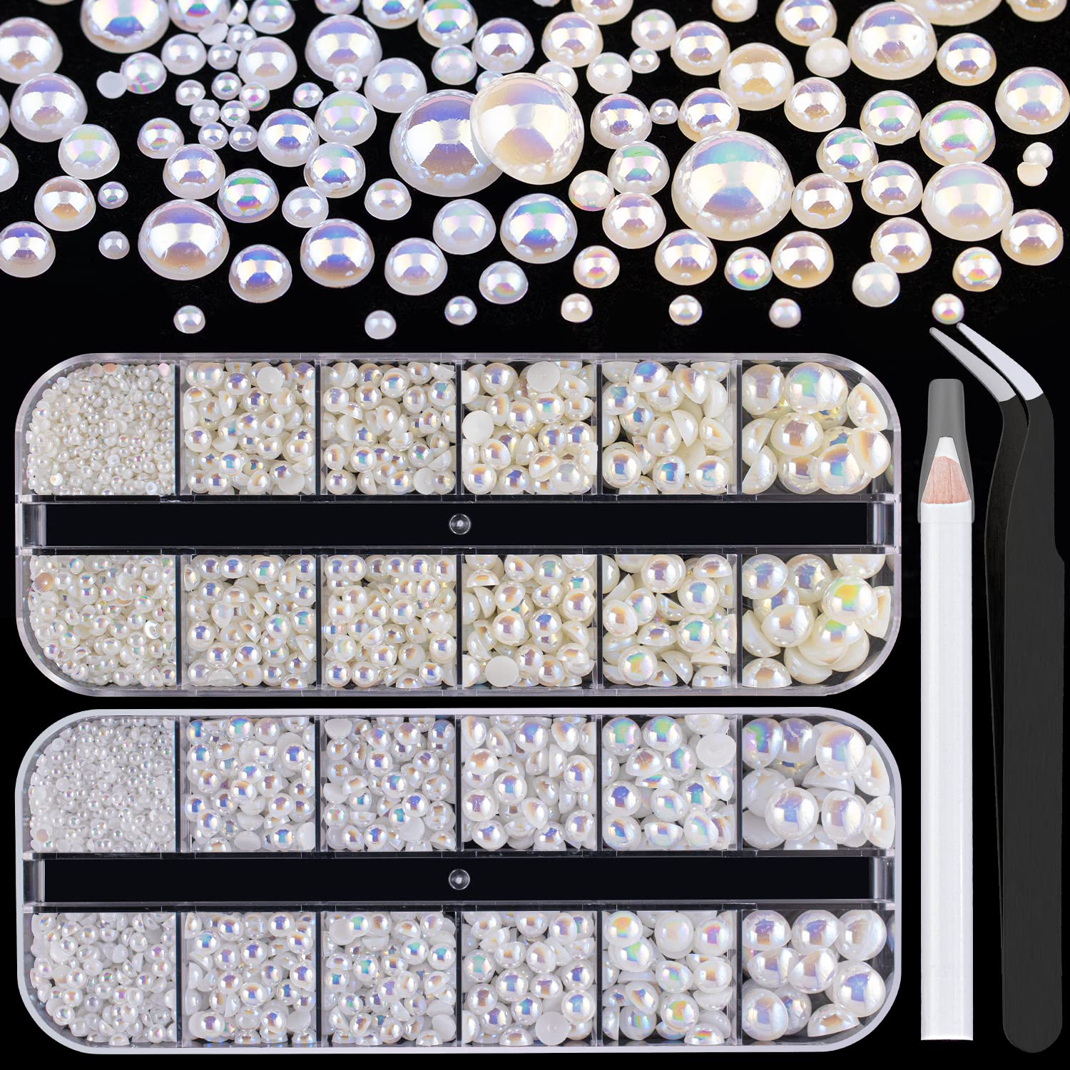 2700 Pcs Flat Back Pearls Kit - 1 Box White AB & 1 Box Beige AB Half Round Pearls with Pickup Pencil & Tweezer for DIY Nail Art, Face Makeup, Jewelry Making, Scrapbooking & Craft Projects - Professional & Home Use