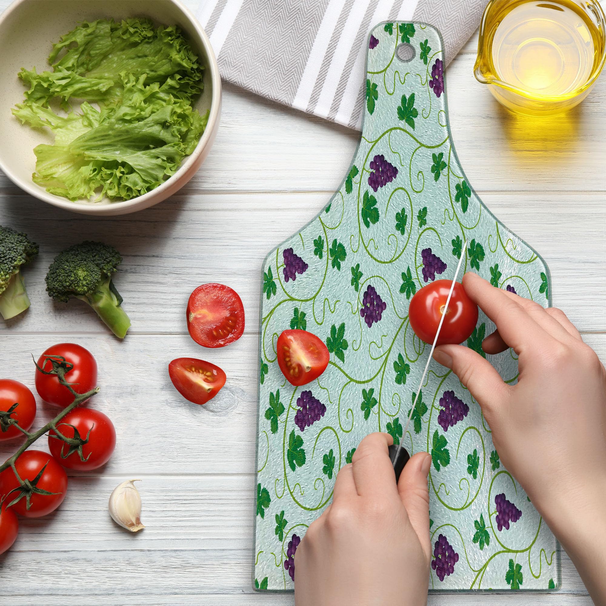 Lunarable Vine Tempered Glass Cutting Board - Green Leaves Swirls Grapes Design, Country Life Style Serving Board for Cheese, Charcuterie & Appetizers (Wine Bottle Shape, Purple Green White)