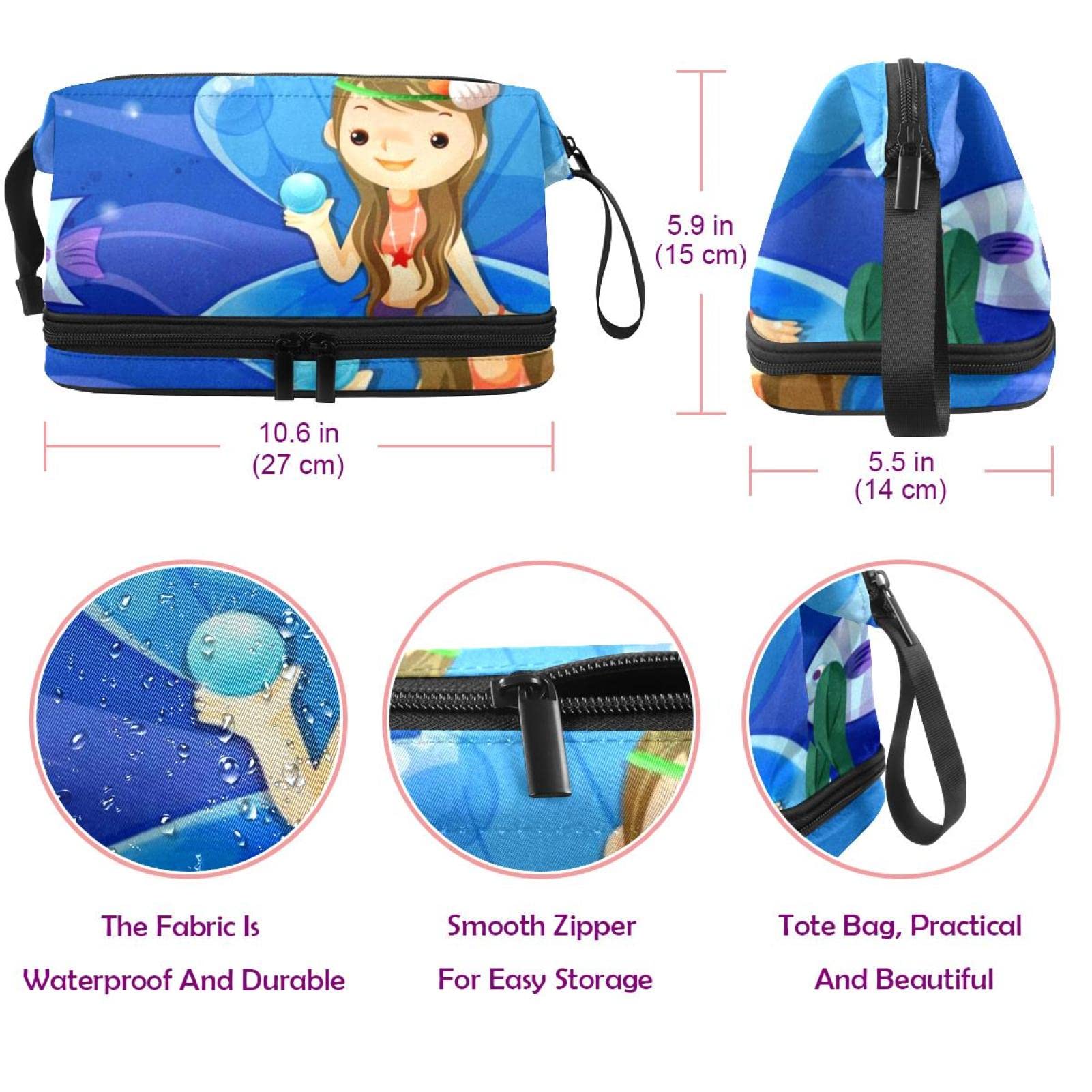 Waterproof Large Makeup Bag with Zipper - Travel Cosmetic Organizer for Women & Girls, Mermaid Cartoon Sea Animal Scallop Design - Perfect for Travel, Gym & Daily Beauty Storage