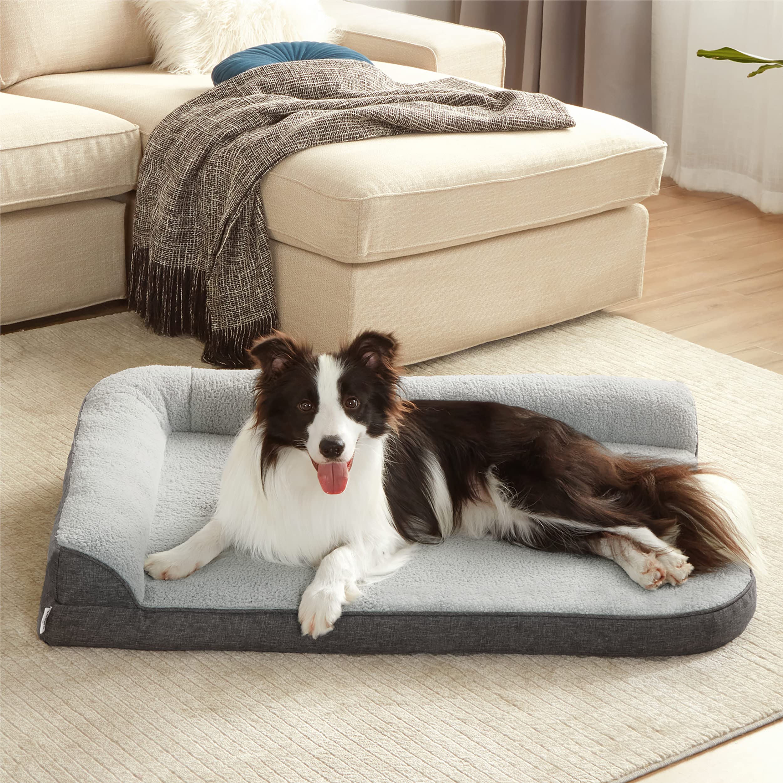 Orthopedic Dog Bed for Large Dogs - Washable, Waterproof Pet Sofa with Removable Cover & L-Shape Bolster - Grey Square Dog Pillow Supports Up to 32kg (91x69x16cm) - Perfect for Living Room, Bedroom & Pet-Friendly Spaces