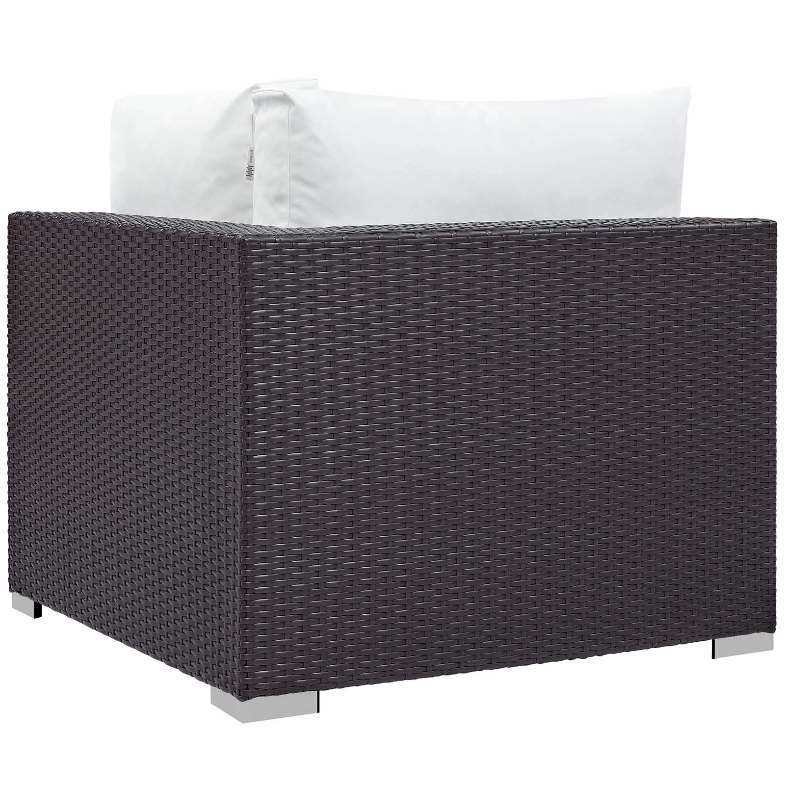 Modern Outdoor Patio Lounge Sofa Set with Fire Pit - Wicker Rattan Furniture for Garden, Backyard, Poolside - White Fabric Cushions & Coffee Table - Perfect for Relaxing, Entertaining, and Outdoor Gatherings
