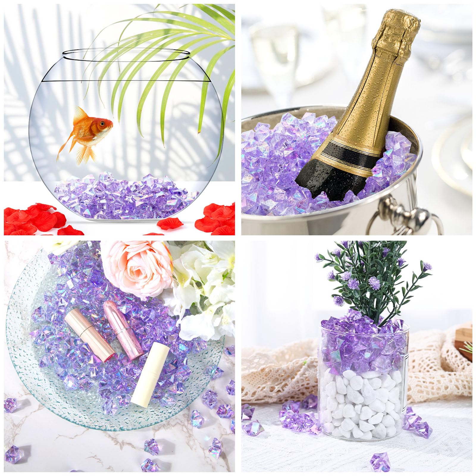 150PCS Purple Holographic Acrylic Fake Ice Rocks - Sparkling Crushed Ice Diamonds for Vase Fillers, Table Scatter, Wedding & Party Decorations - Perfect for Centerpieces, DIY Crafts, and Event Styling
